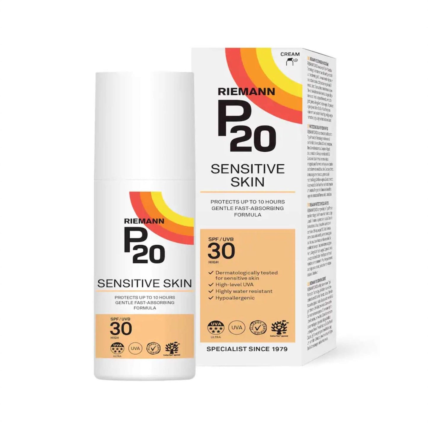 Riemann P20 Sensitive Skin SPF30 Sun Cream pump bottle and box featuring 10-hour protection and dermatologically tested hypoallergenic formula
