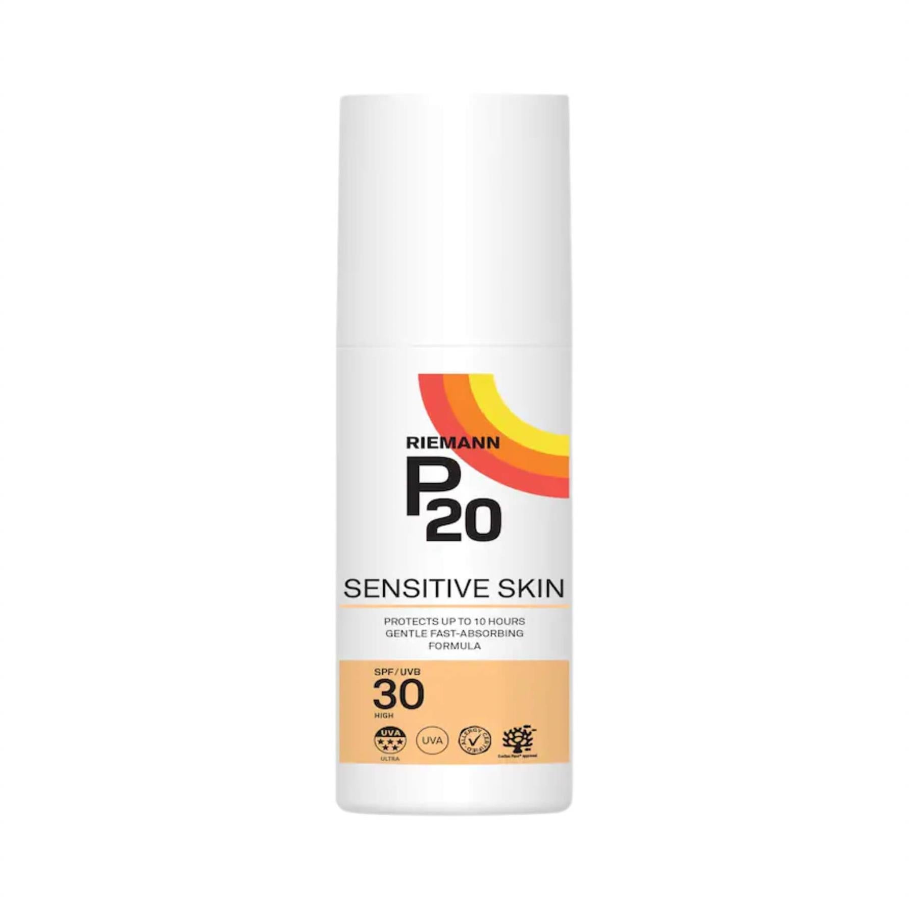 Riemann P20 Sensitive Skin SPF 30 Sun Cream 100ml pump bottle providing high UVA protection and 10-hour durability