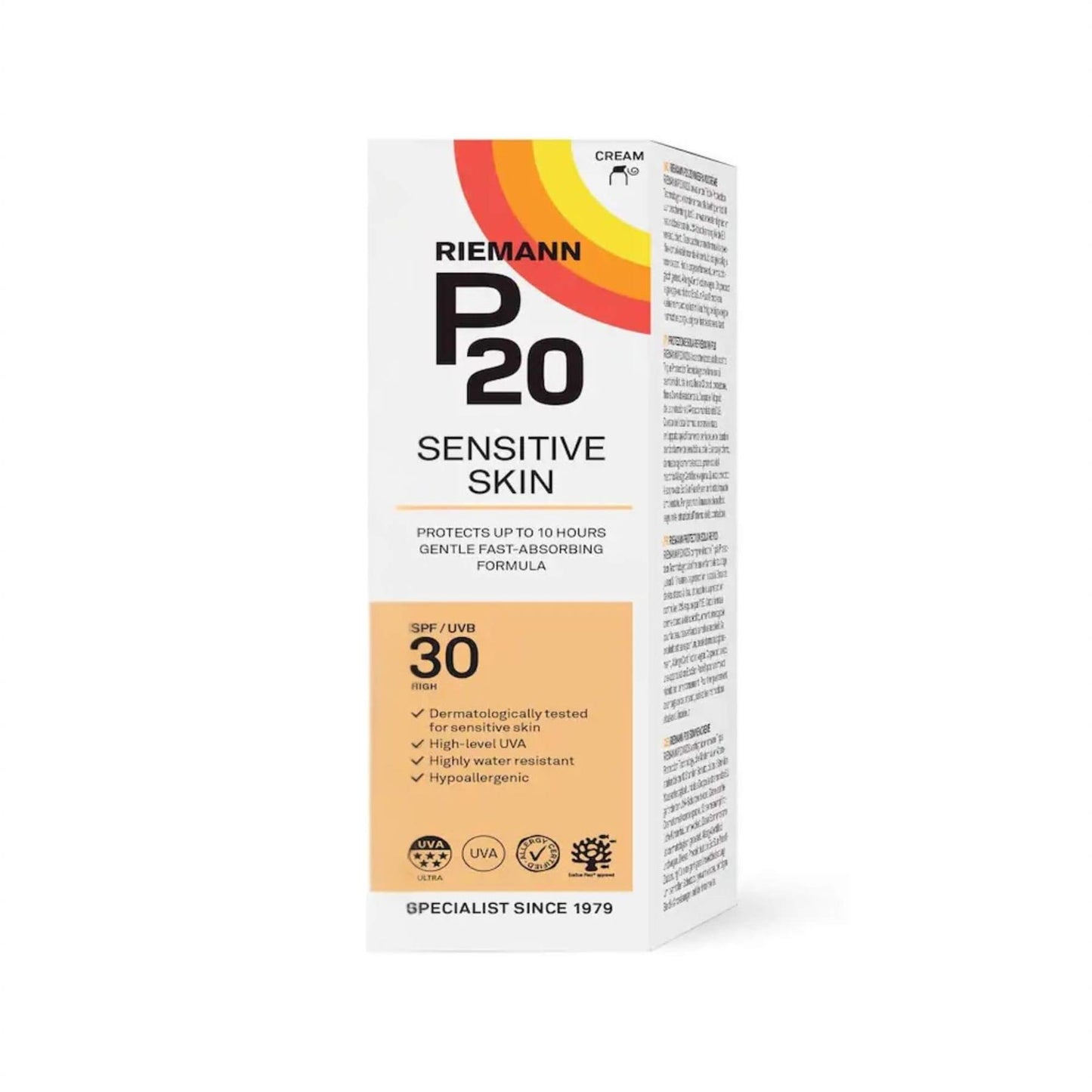 Retail box for Riemann P20 Sensitive Skin SPF 30 Sun Cream featuring 10-hour protection and eco-friendly certificatio