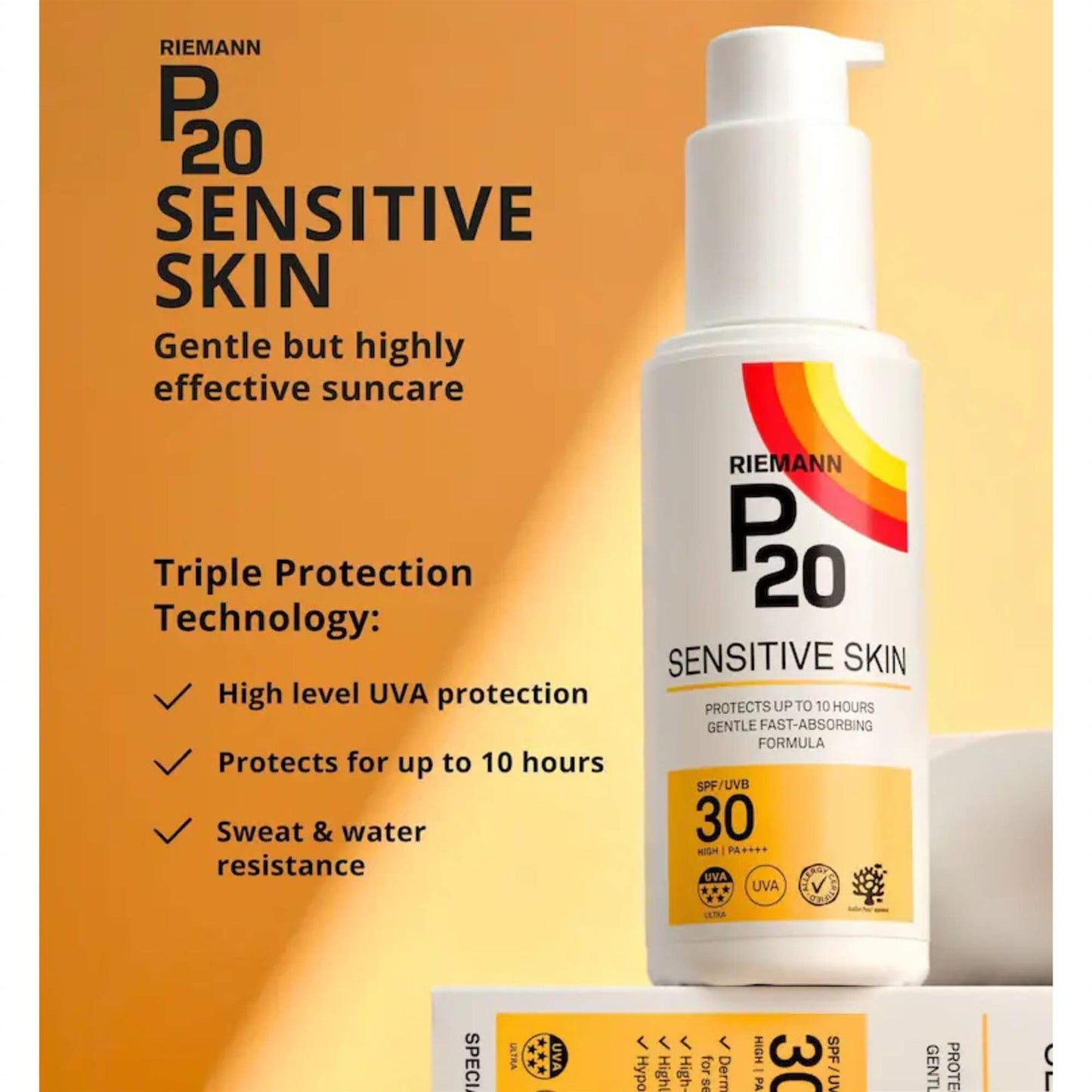 Riemann P20 Sensitive Skin SPF 30 marketing graphic detailing Triple Protection Technology with high UVA and 10-hour water resistance