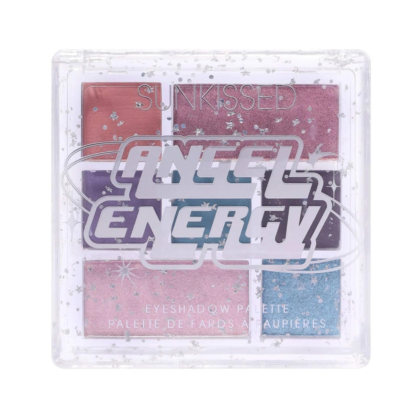 Sunkissed Angel Energy eyeshadow palette with Y2K aesthetic and holographic glitter packaging