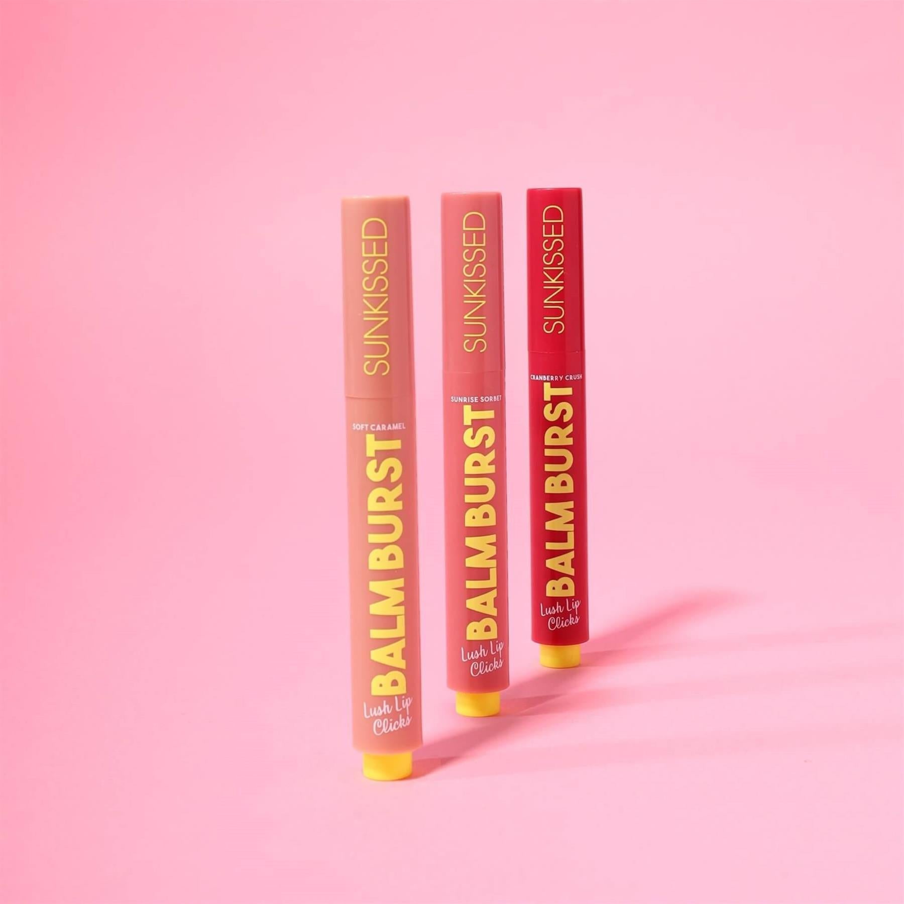 Sunkissed Balm Burst Lush Lip Clicks trio with click pen dispenser in Soft Caramel Sunrise Sorbet and Cranberry Crush