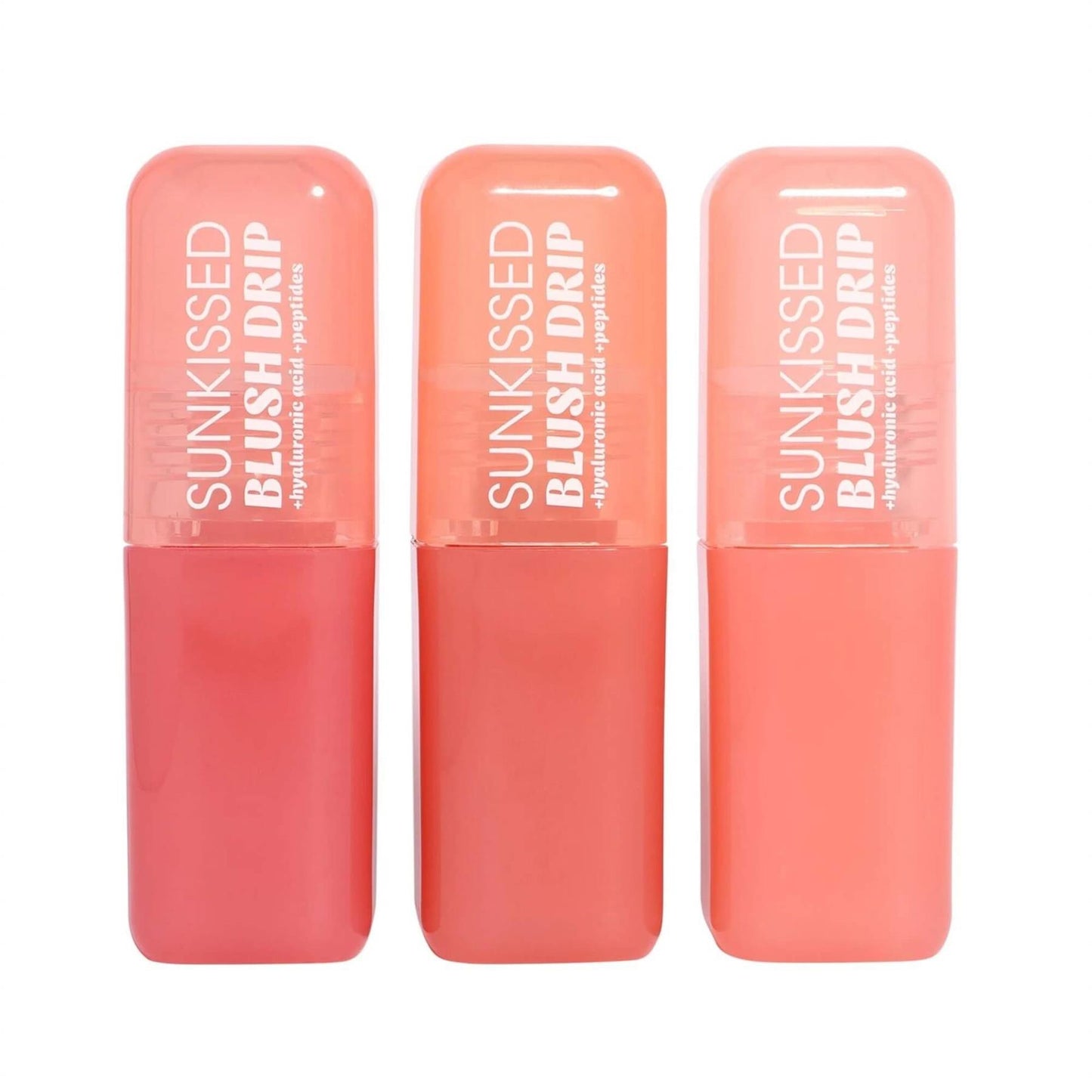Sunkissed Blush Drip liquid blush shade lineup showing pink rose and coral colours side by side