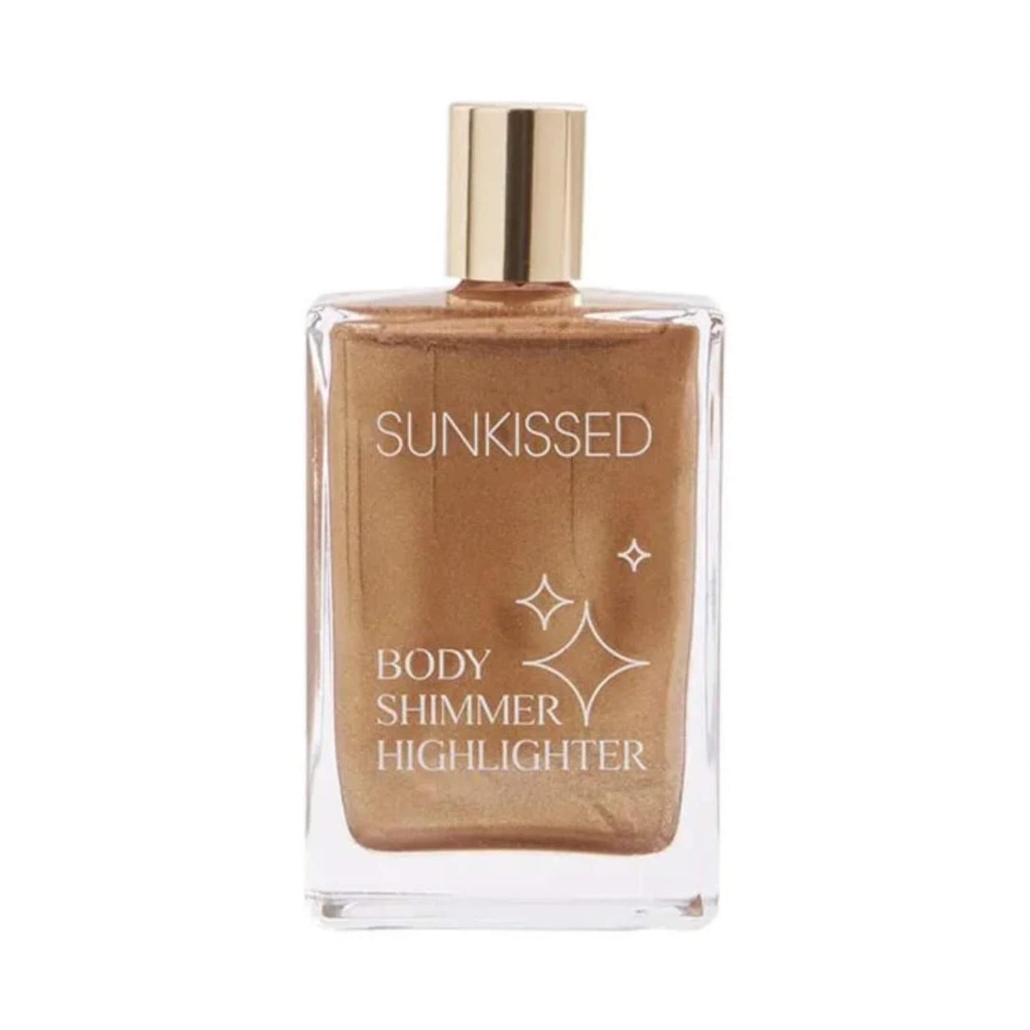 Sunkissed Body Shimmer Highlighter 100ml in a clear glass bottle with a gold cap