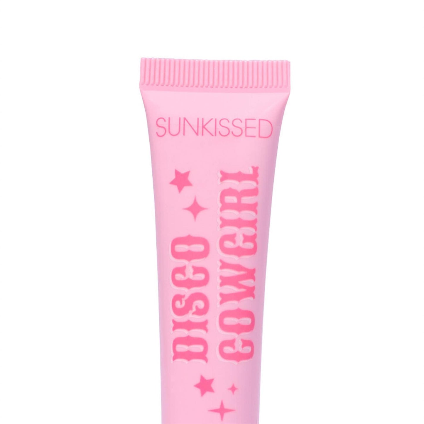 Sunkissed Disco Cowgirl lip gloss close up logo and pink western typography detail