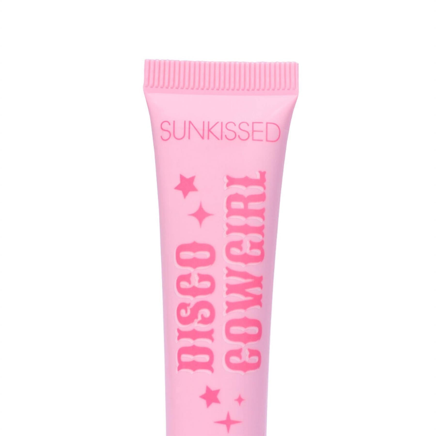 Sunkissed Disco Cowgirl lip gloss close up logo and pink western typography detail