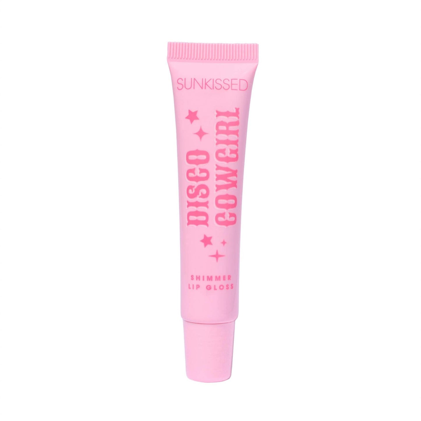 Sunkissed Disco Cowgirl shimmer lip gloss pink tube with western font and star graphics