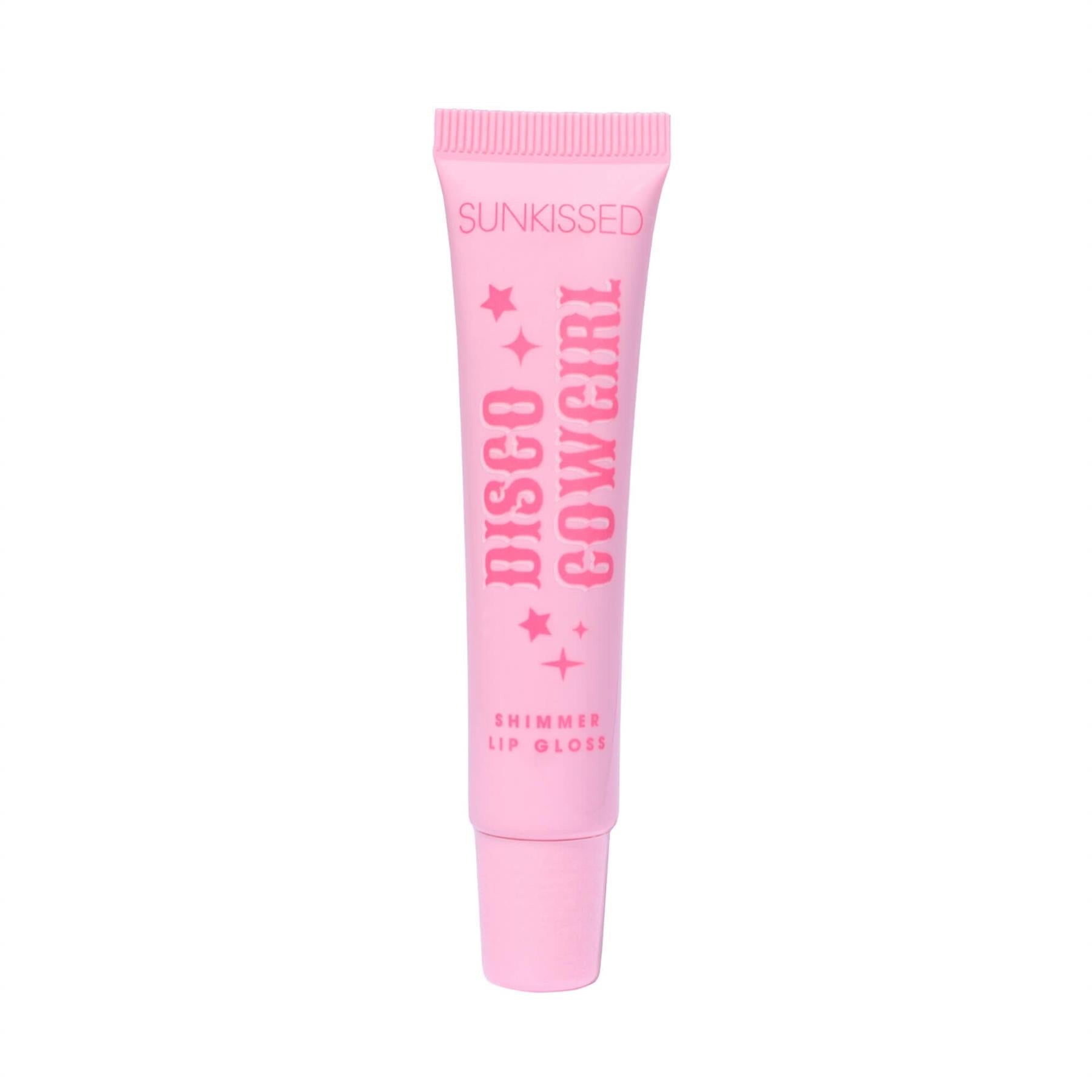 Sunkissed Disco Cowgirl shimmer lip gloss pink tube with western font and star graphics