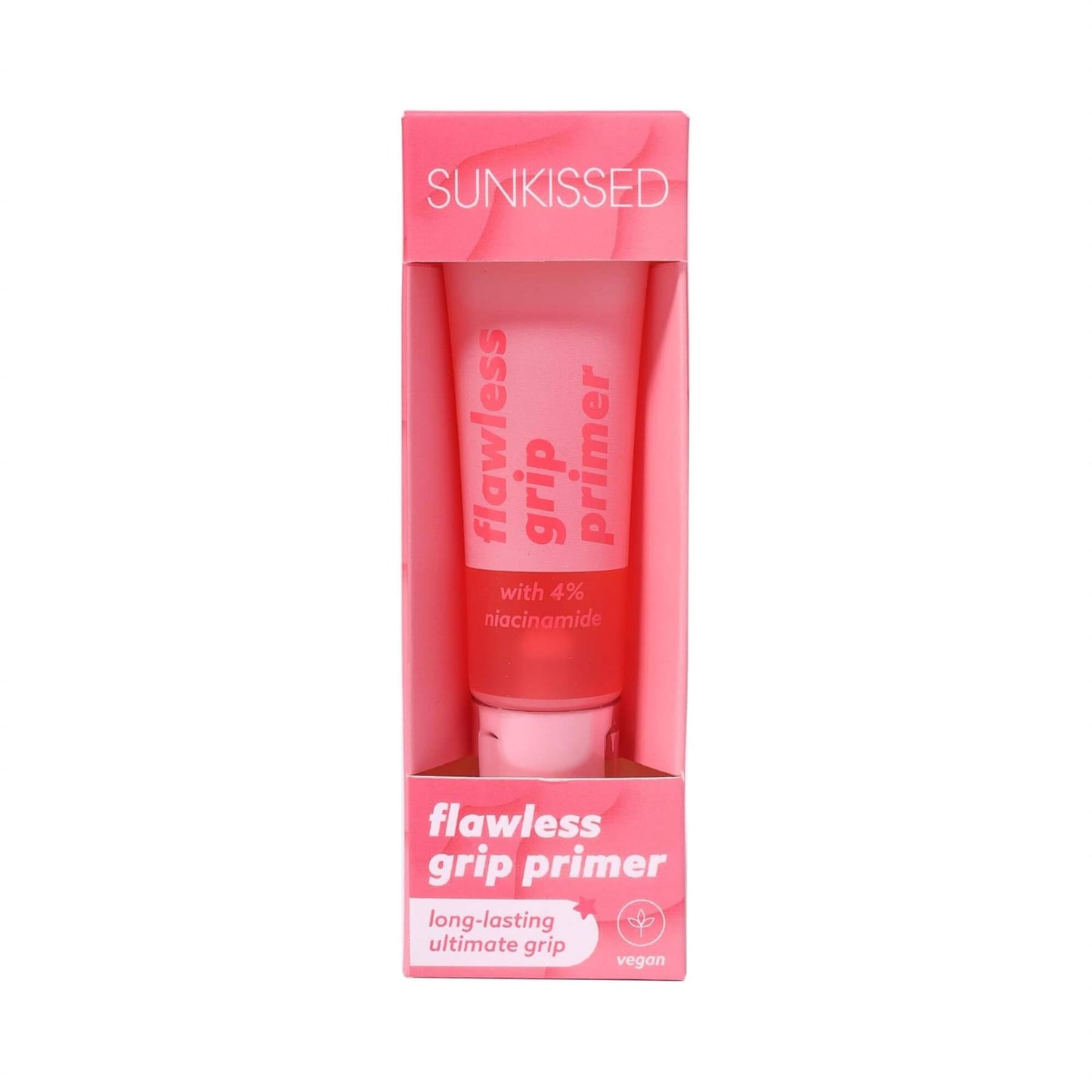 Sunkissed Flawless Grip Primer with 4% niacinamide in pink packaging for long lasting makeup hold