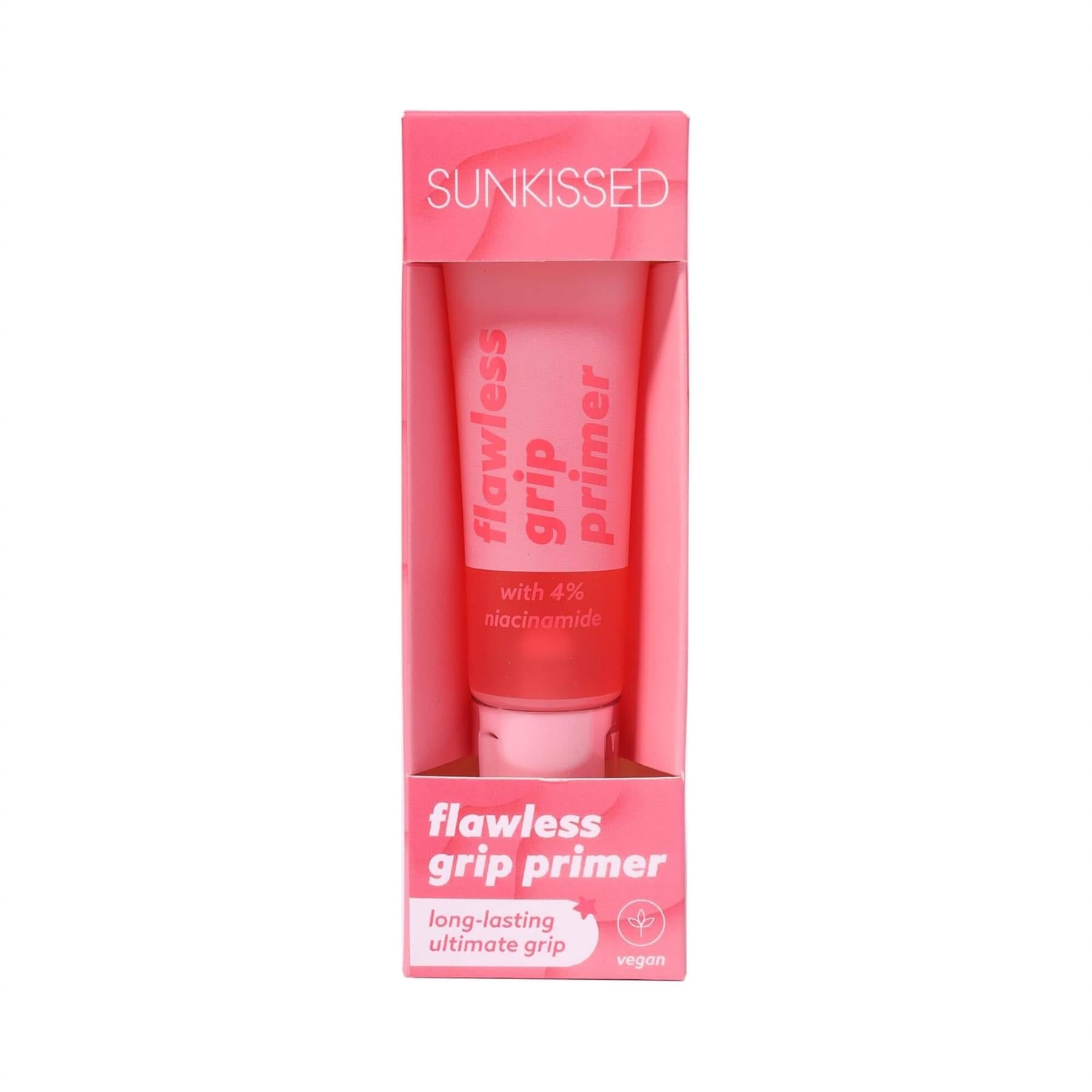 Sunkissed Flawless Grip Primer with 4% niacinamide in pink packaging for long lasting makeup hold