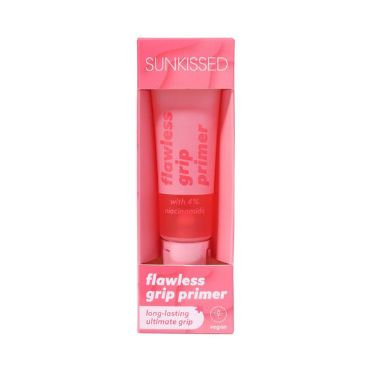 Sunkissed Flawless Grip Primer with 4% niacinamide in pink packaging for long lasting makeup hold