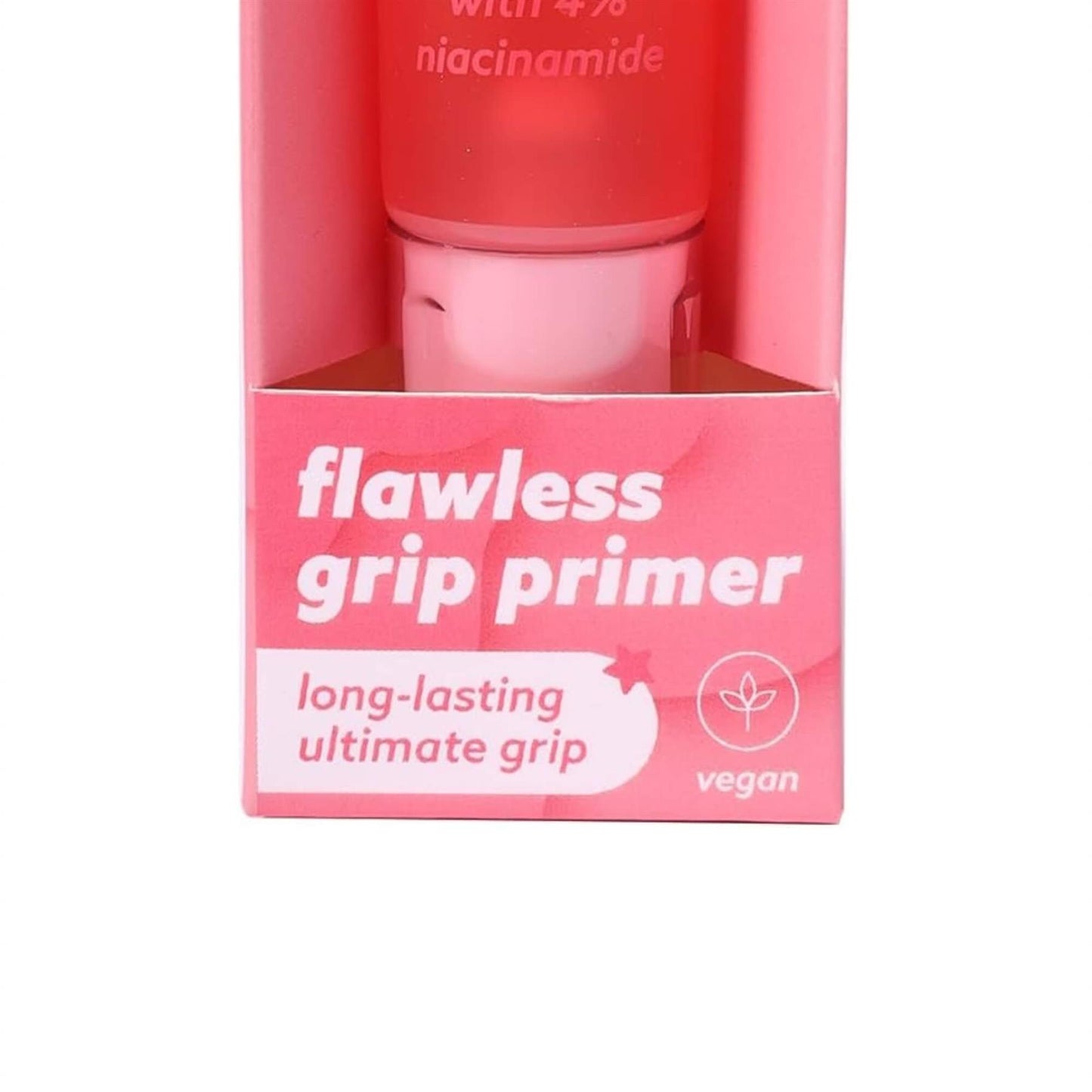 Sunkissed Flawless Grip Primer packaging close up showing vegan symbol and long lasting grip text