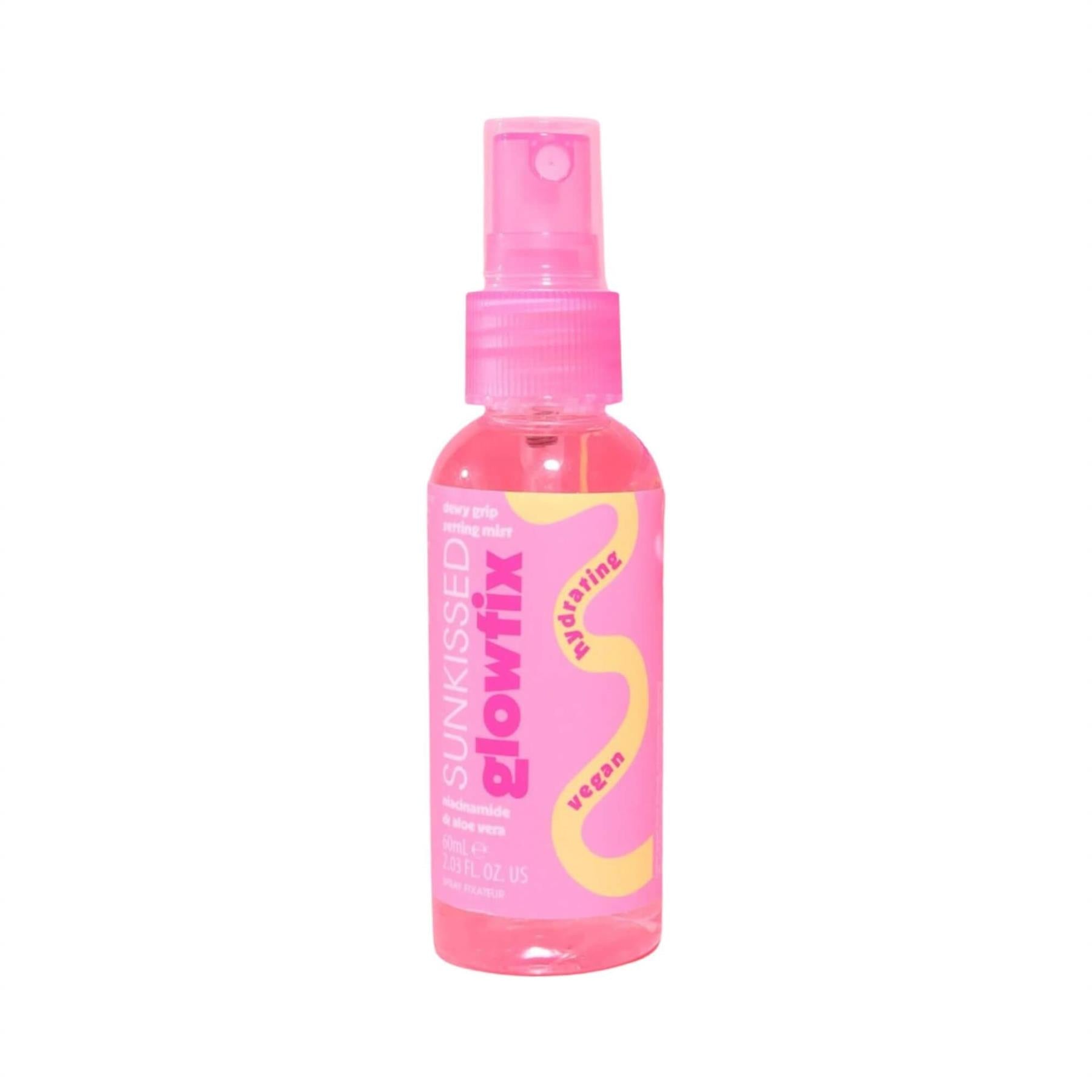 Sunkissed GlowFix Dewy Grip Setting Mist bottle with niacinamide and aloe vera on white background