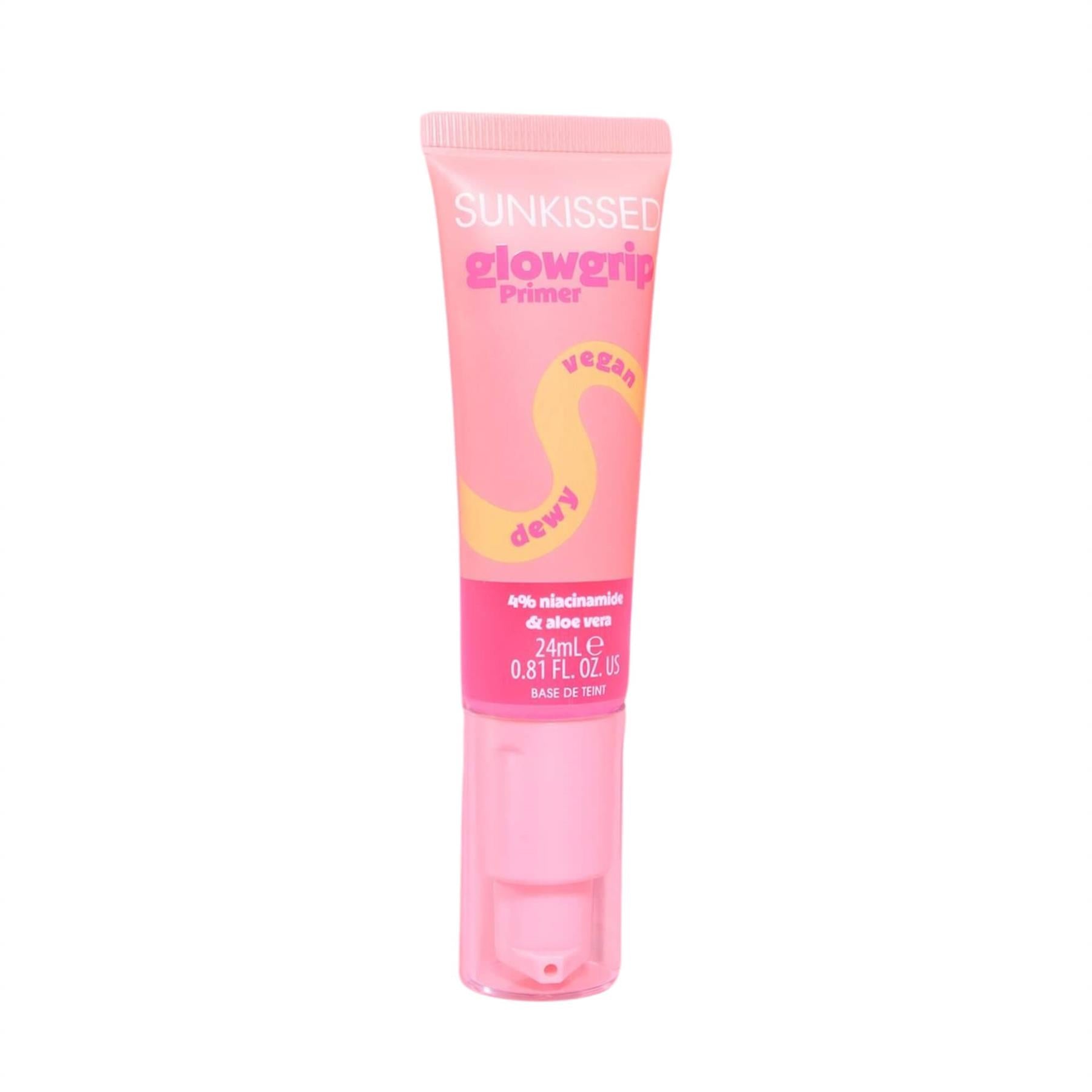 Sunkissed GlowGrip Primer tube with 4% niacinamide and aloe vera on white background