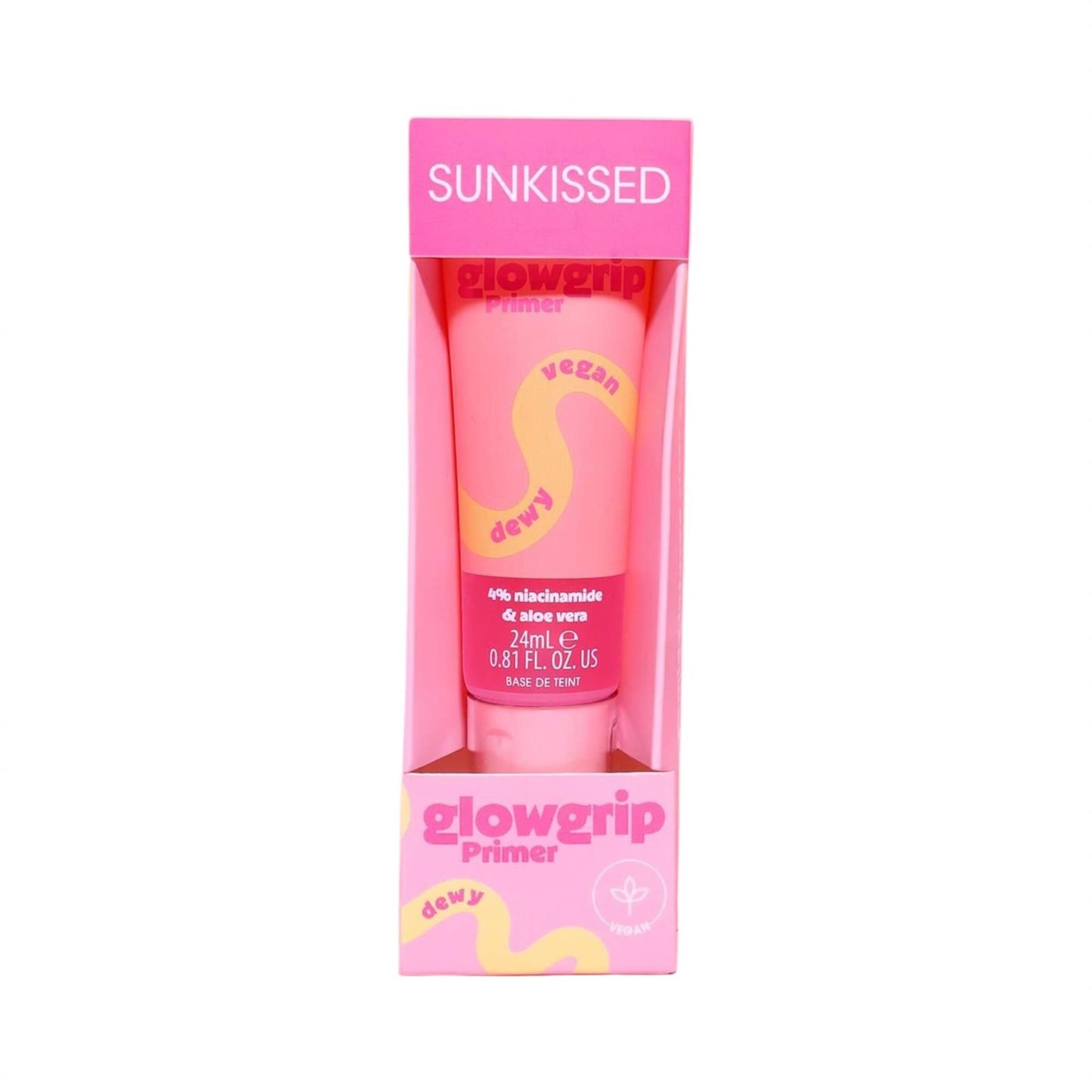 Sunkissed GlowGrip Primer tube and retail box packaging with 4% niacinamide and aloe vera
