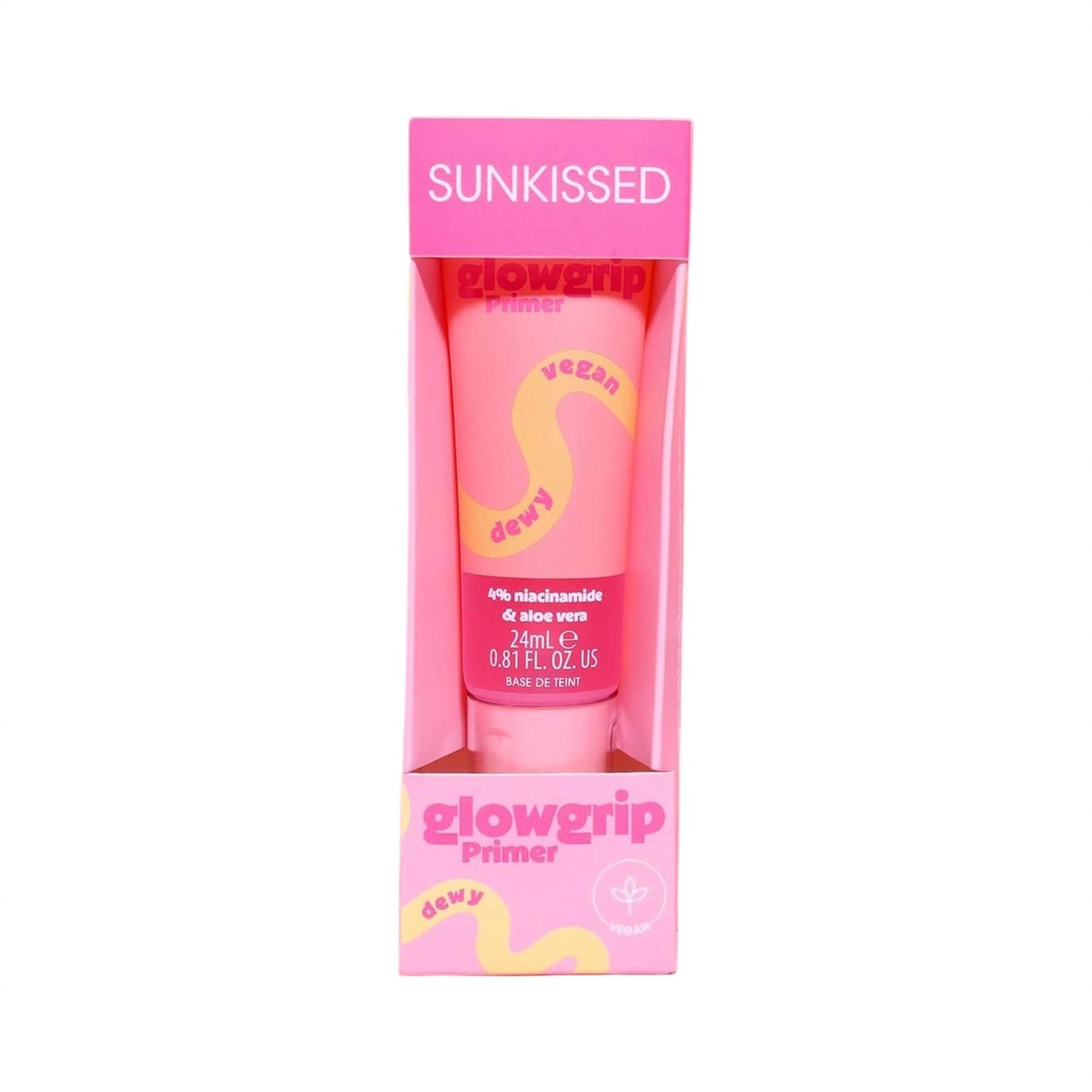 Sunkissed GlowGrip Primer tube and retail box packaging with 4% niacinamide and aloe vera