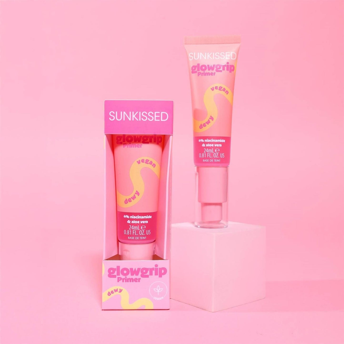 Sunkissed GlowGrip Primer tube and retail box packaging with 4% niacinamide and aloe vera