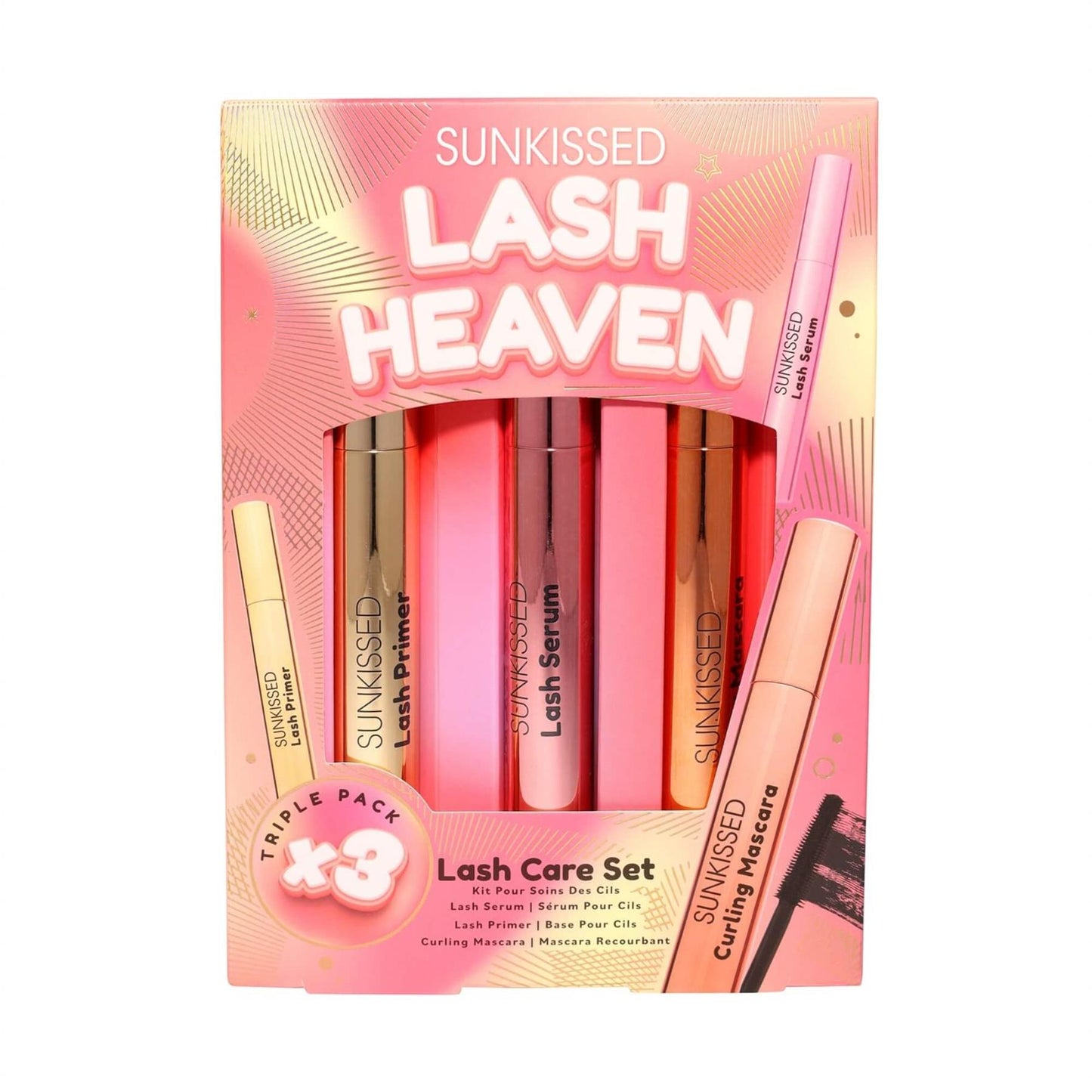 Sunkissed Lash Heaven 3-piece gift set box featuring lash serum primer and curling mascara triple pack