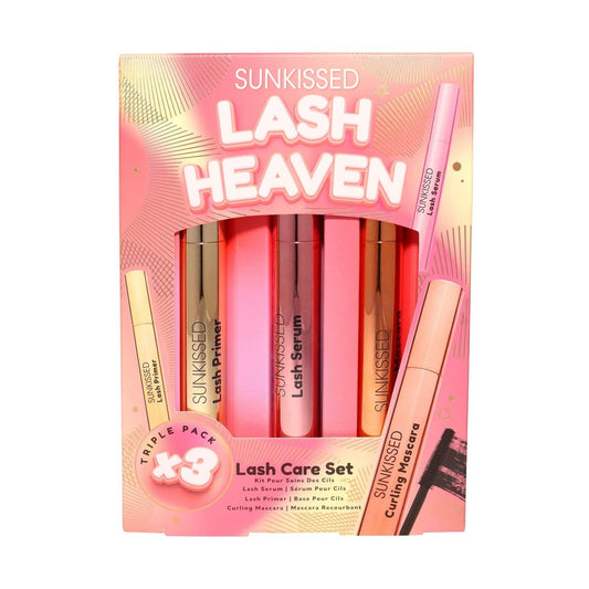 Sunkissed Lash Heaven 3-piece gift set box featuring lash serum primer and curling mascara triple pack