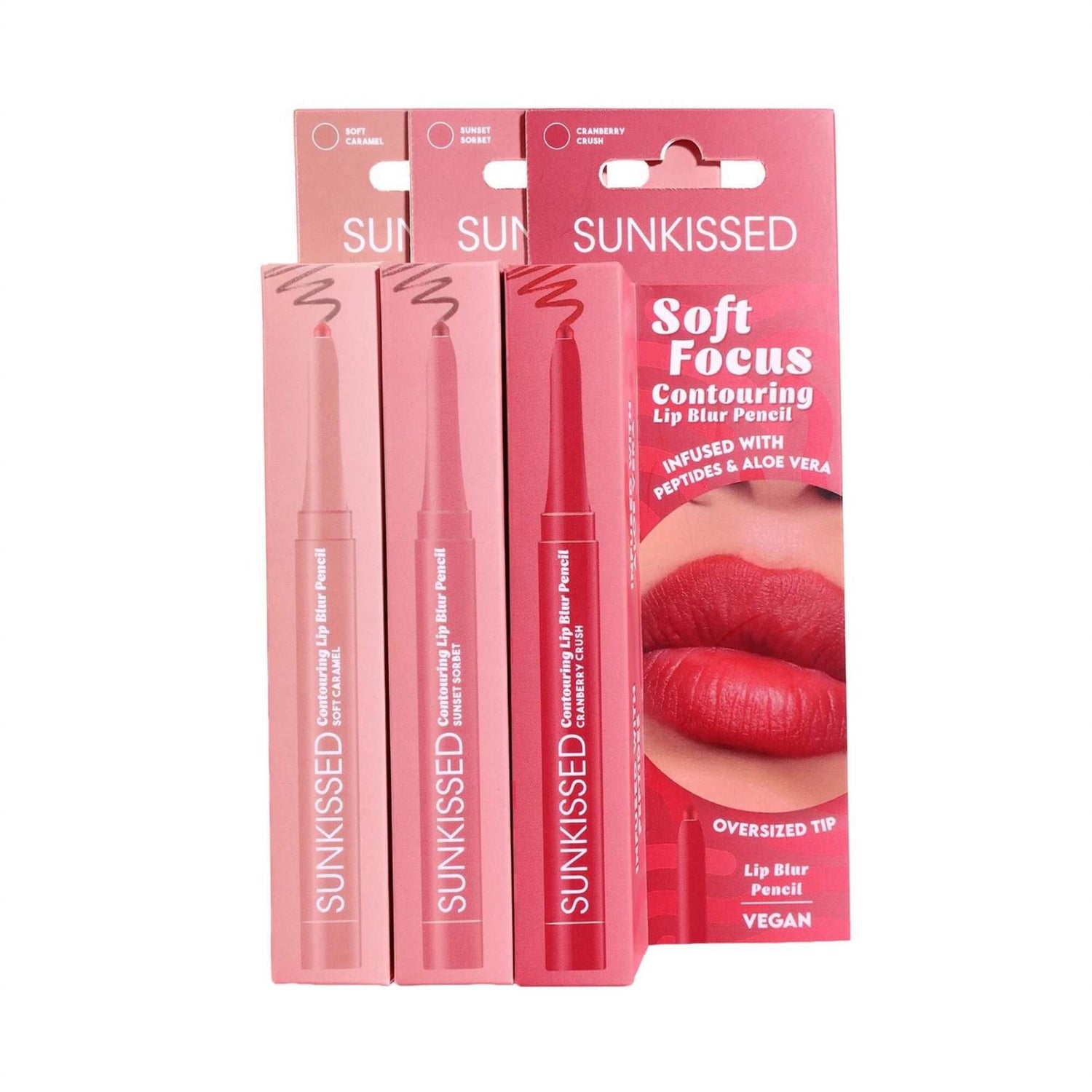 Sunkissed Soft Focus Contouring Lip Blur Pencil packaging boxes infused with peptides and aloe vera vegan formula