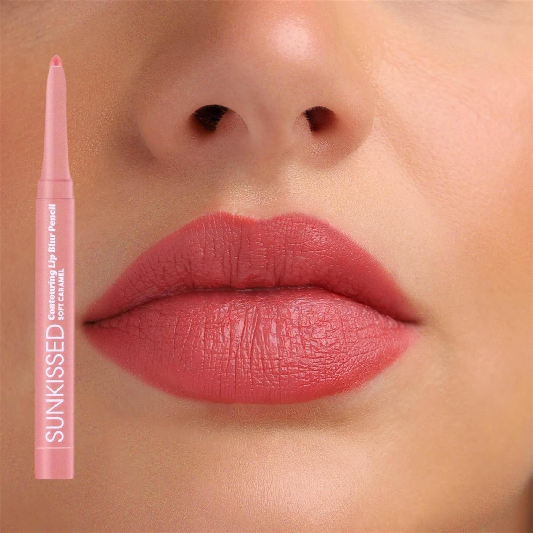 Sunkissed Contouring Lip Blur Pencil in shade Soft Caramel swatch on model lips
