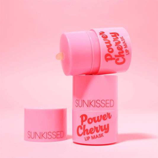 Sunkissed Power Cherry Lip Mask stacked tubs on pink background showing rich balm texture