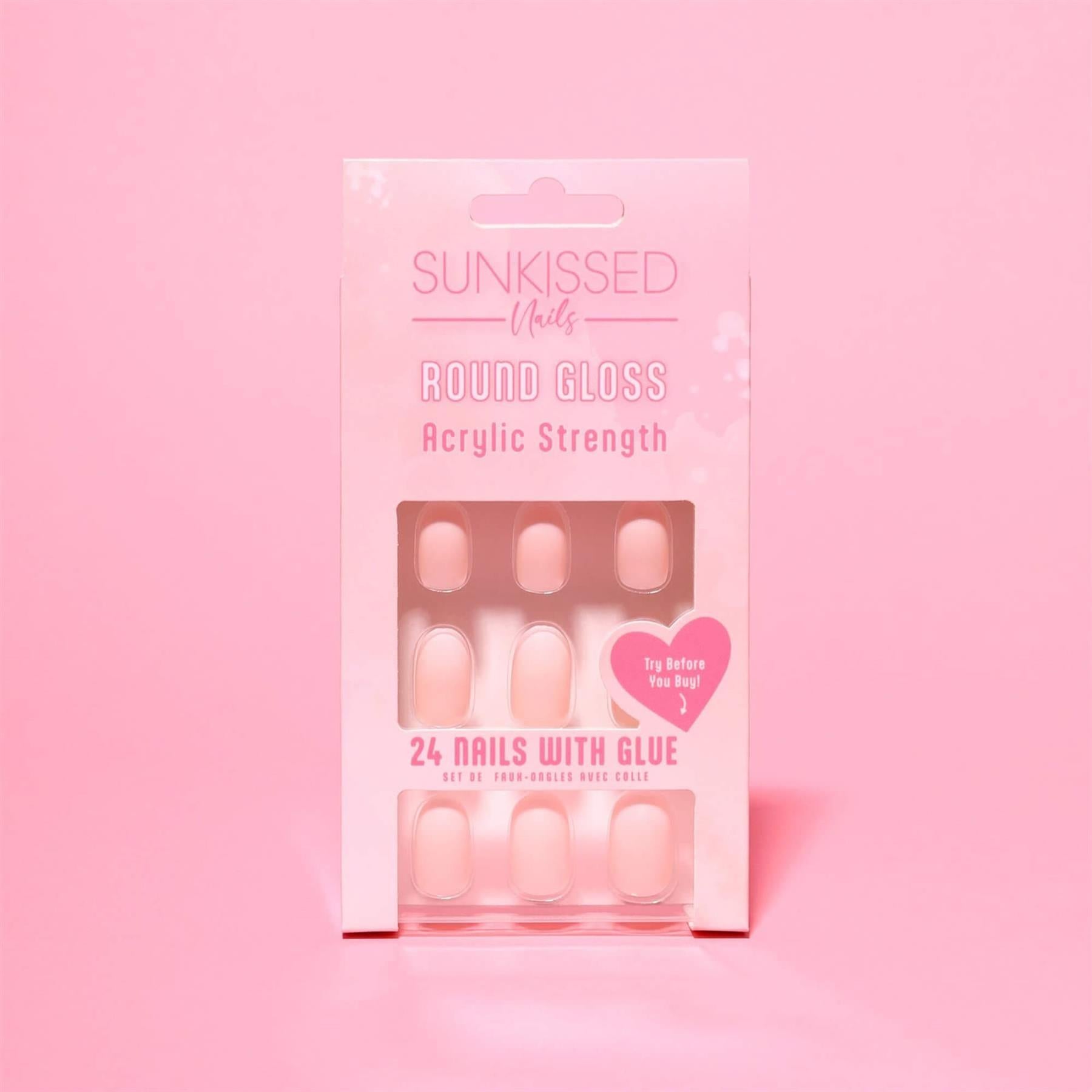 Sunkissed Nails Round Gloss set of 24 pink acrylic strength nails with glue on pink background