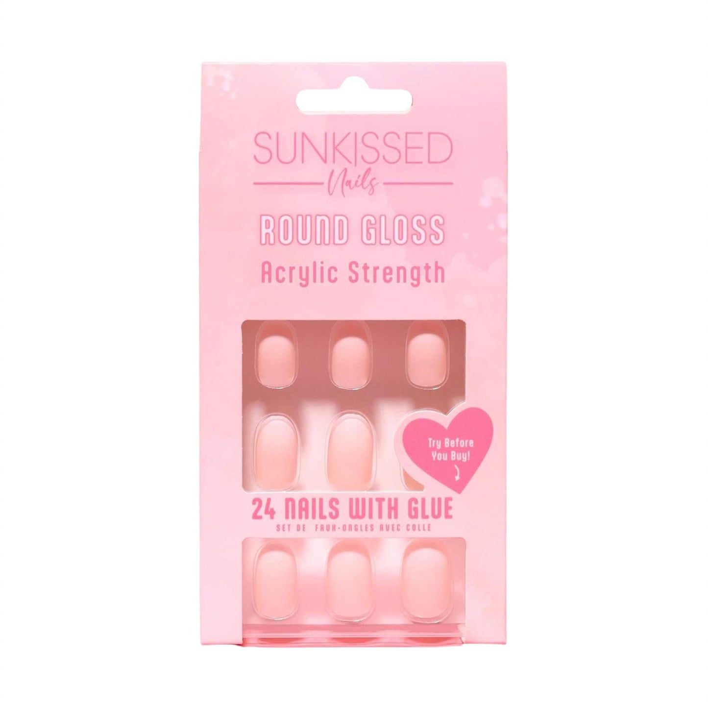 Sunkissed Nails Round Gloss set of 24 pink acrylic strength nails with glue
