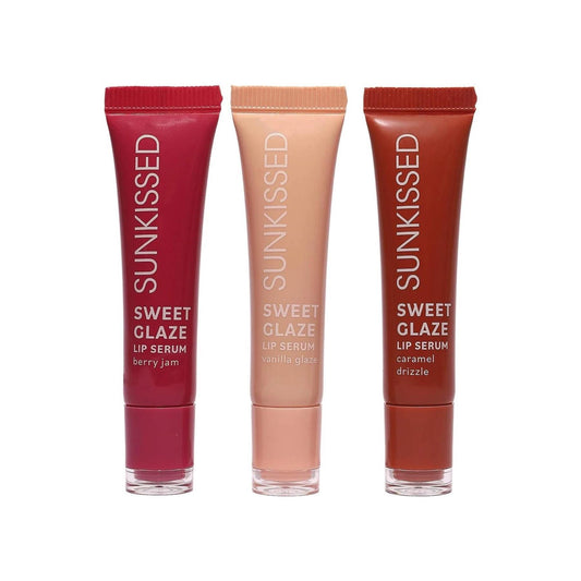 Sunkissed Sweet Glaze Lip Serum full collection trio showing Berry Jam Vanilla Glaze and Caramel Drizzle on white background