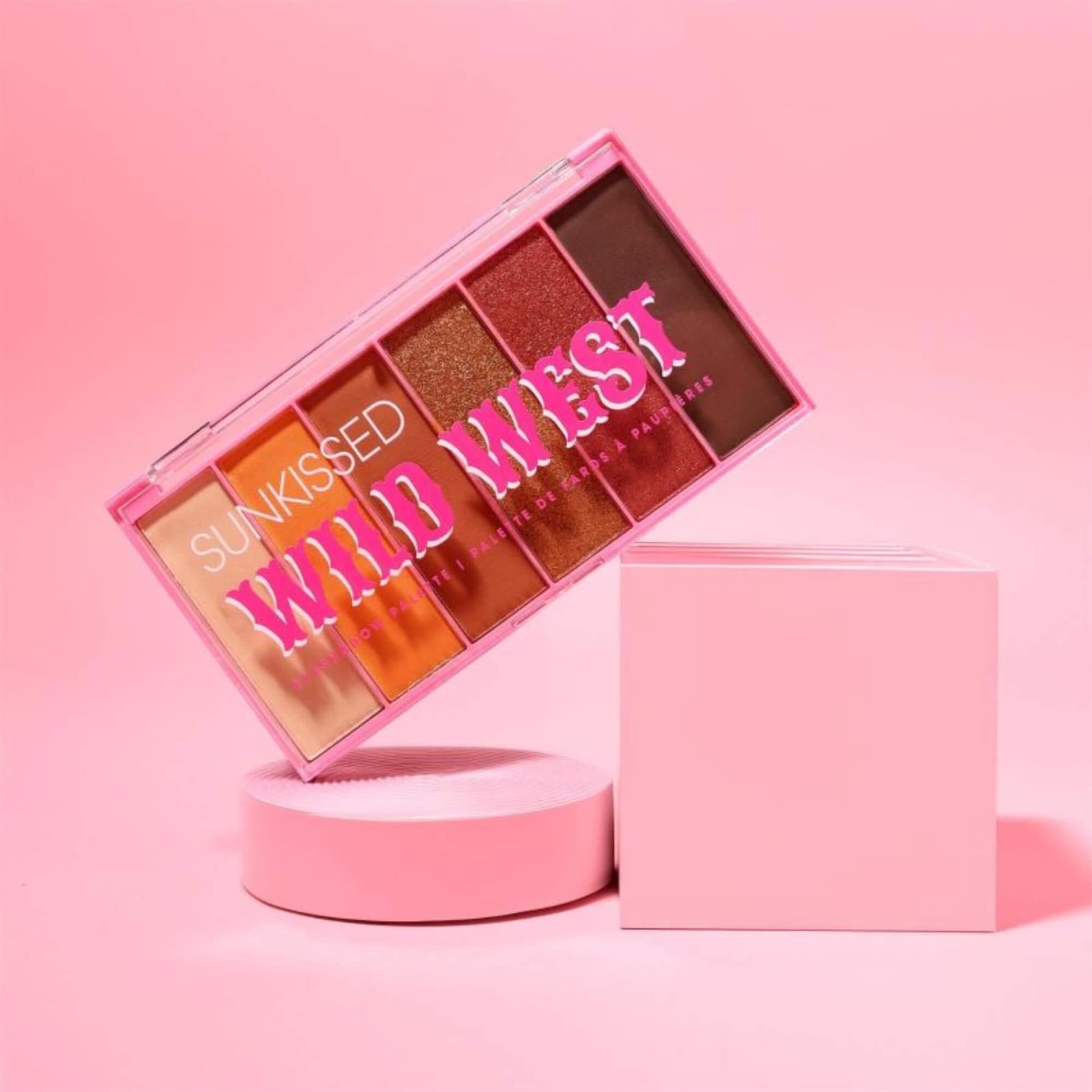 Sunkissed Wild West eyeshadow palette editorial shot on pink podiums for cowgirl aesthetic