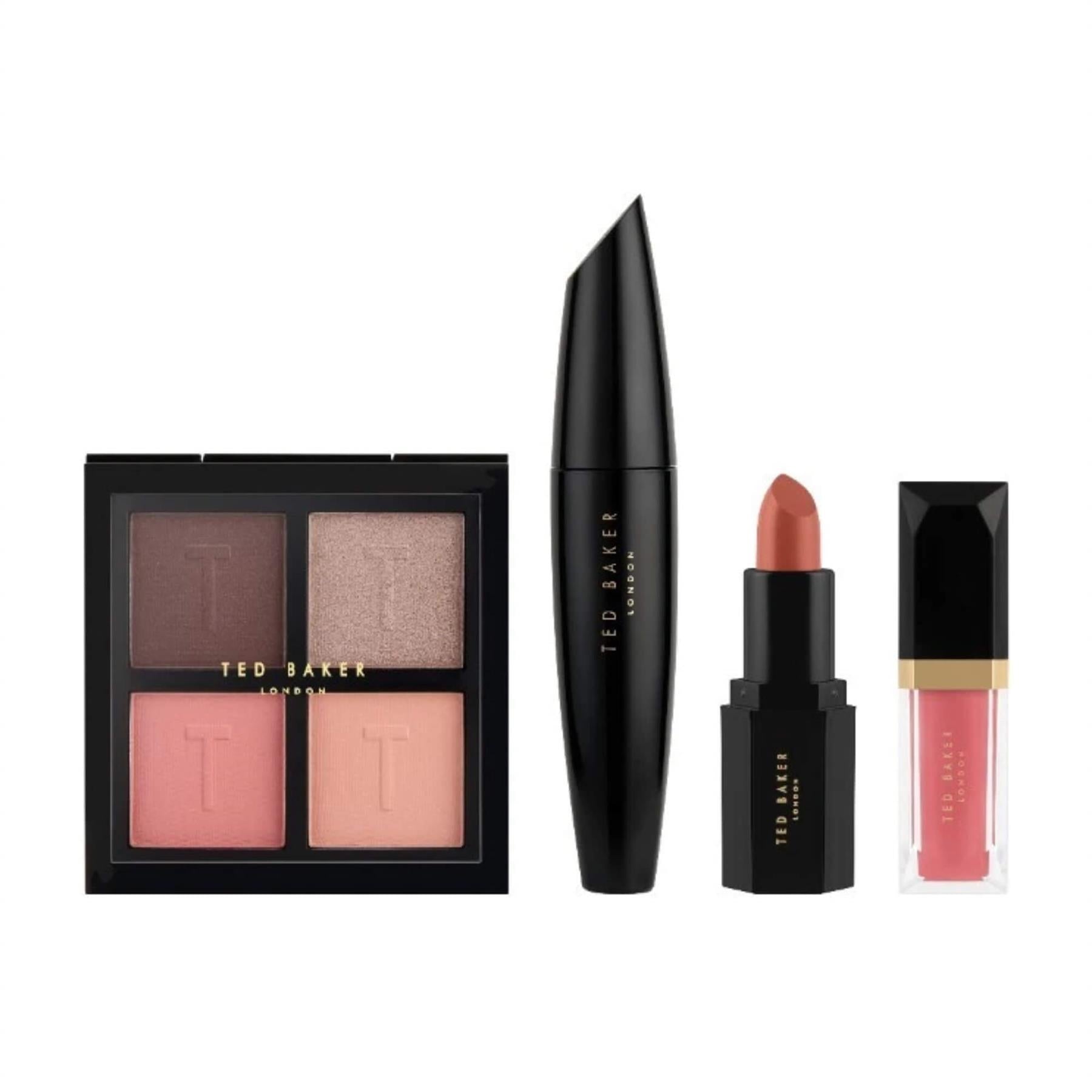 Individual components of Ted Baker The Full Flourish Cosmetics set including an open eyeshadow palette, mascara, nude lipstick, and pink lip gloss