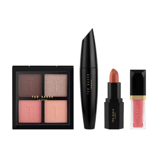 Individual components of Ted Baker The Full Flourish Cosmetics set including an open eyeshadow palette, mascara, nude lipstick, and pink lip gloss