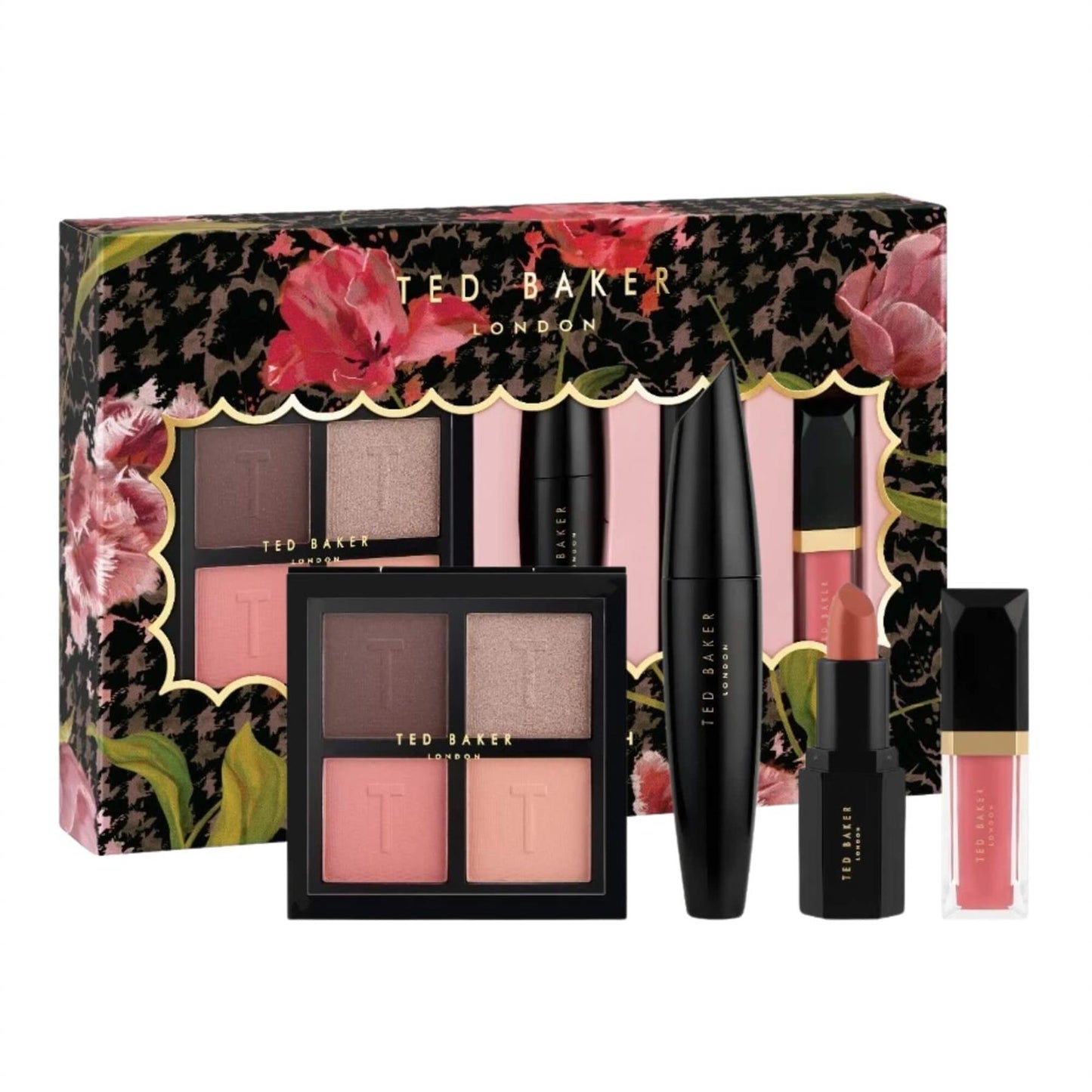 Ted Baker Make Up Essentials gift set with eyeshadow and blush palette, mascara, nude lipstick, and pink lip gloss