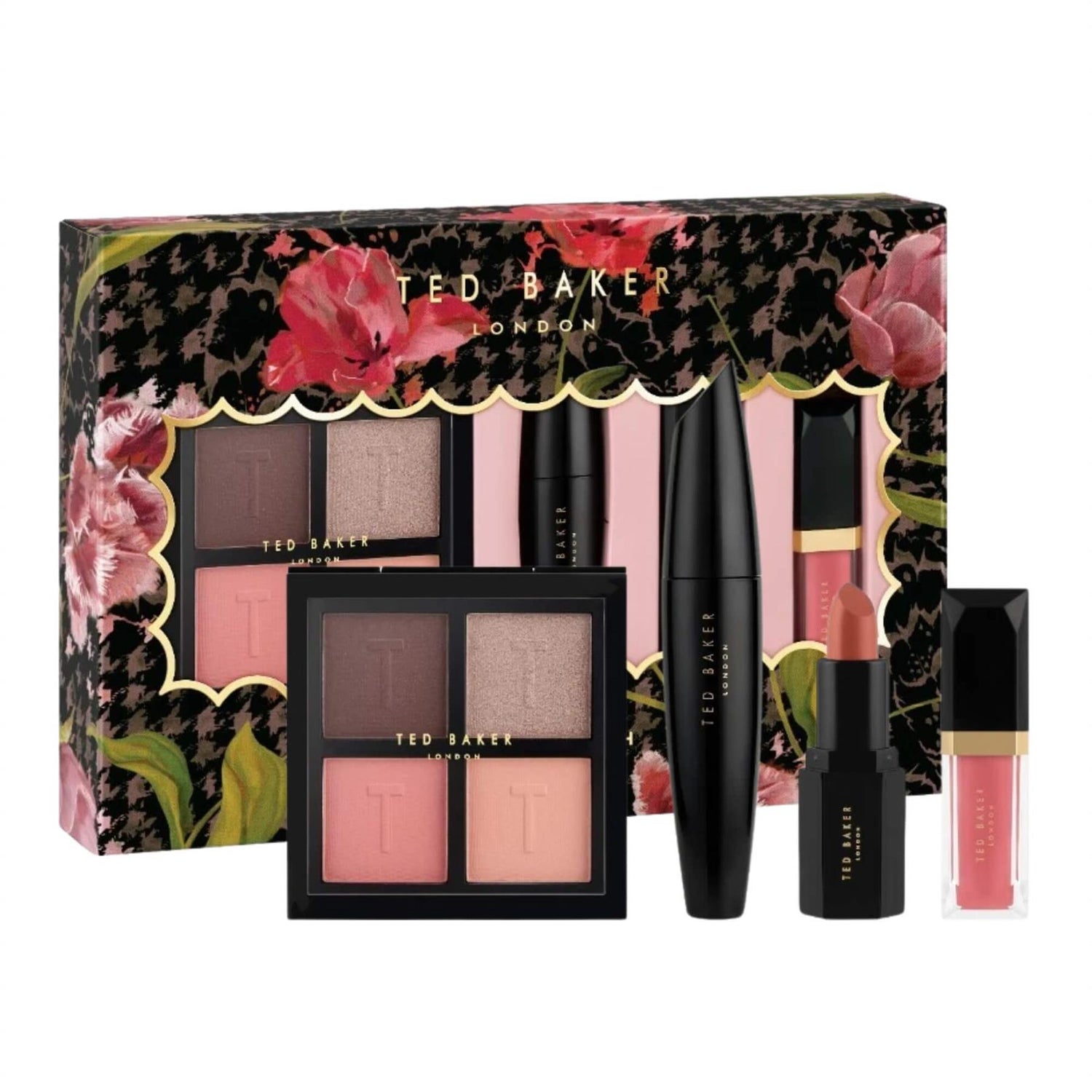 Ted Baker Make Up Essentials gift set with eyeshadow and blush palette, mascara, nude lipstick, and pink lip gloss