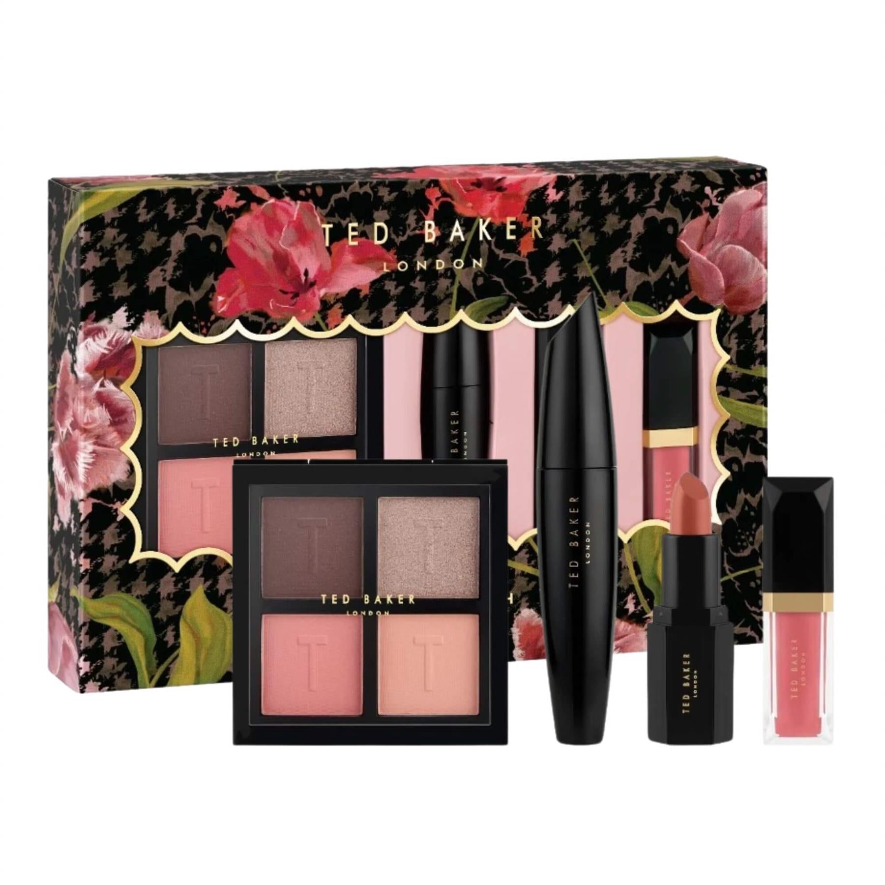 Ted Baker Make Up Essentials gift set with eyeshadow and blush palette, mascara, nude lipstick, and pink lip gloss