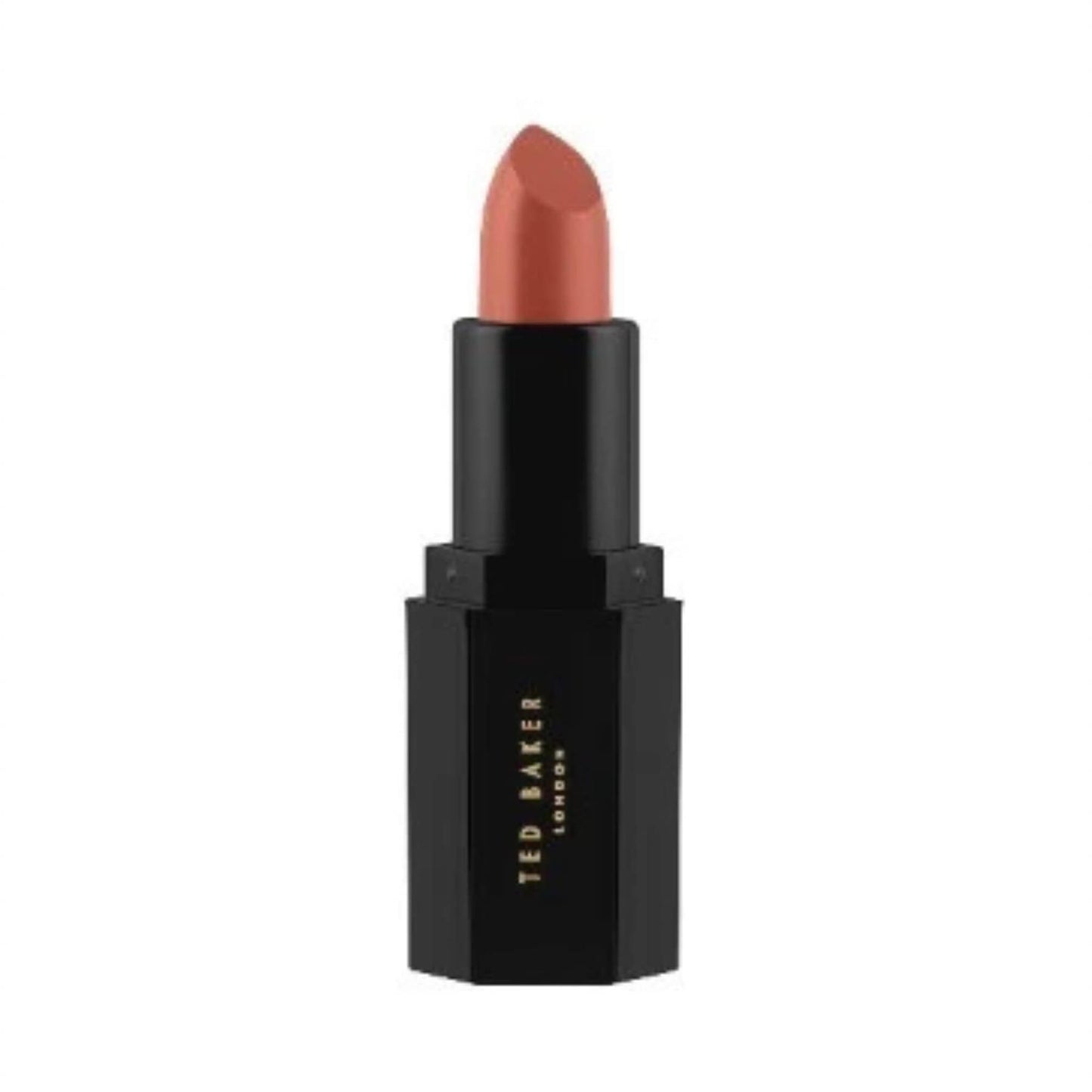 Ted Baker nude lipstick with gold branding and a sleek black octagonal tube on a white background