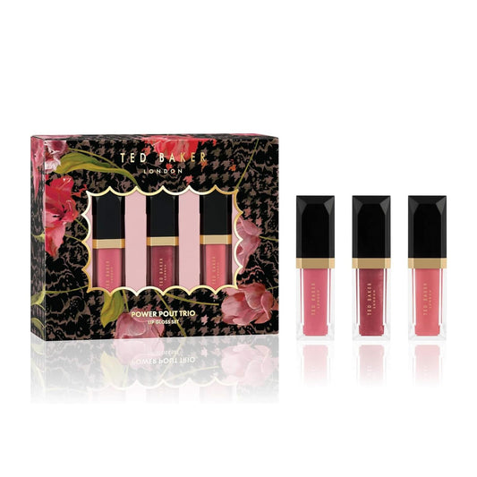 Ted Baker Power Pout Trio lip gloss set featuring Peony Rose and Pink shades in a floral gift box