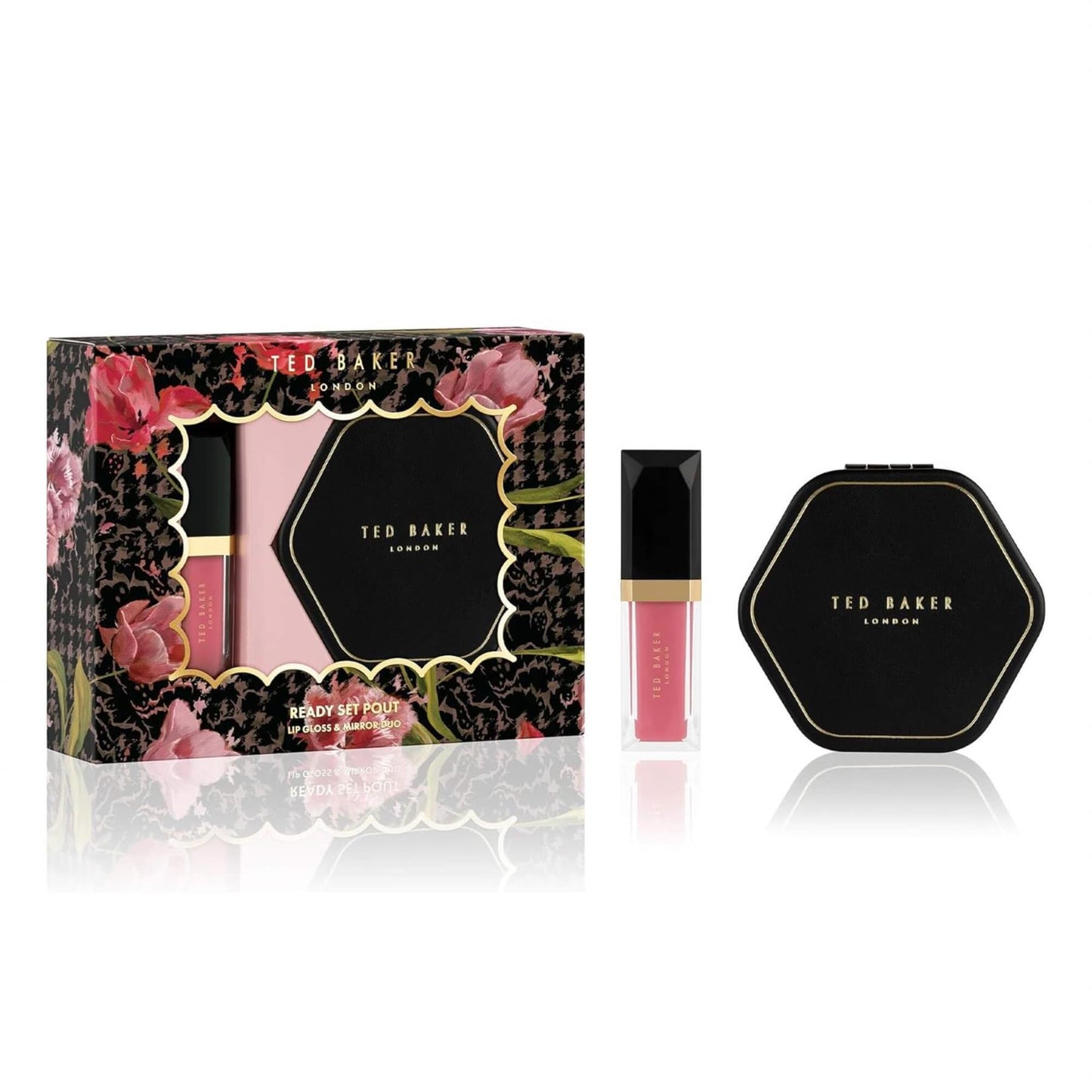 Ted Baker Ready Set Pout gift set including pink lip gloss and black compact mirror in a floral box