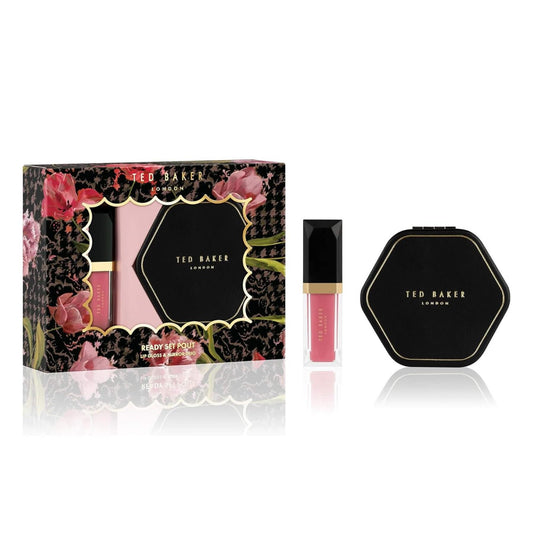 Ted Baker Ready Set Pout gift set including pink lip gloss and black compact mirror in a floral box