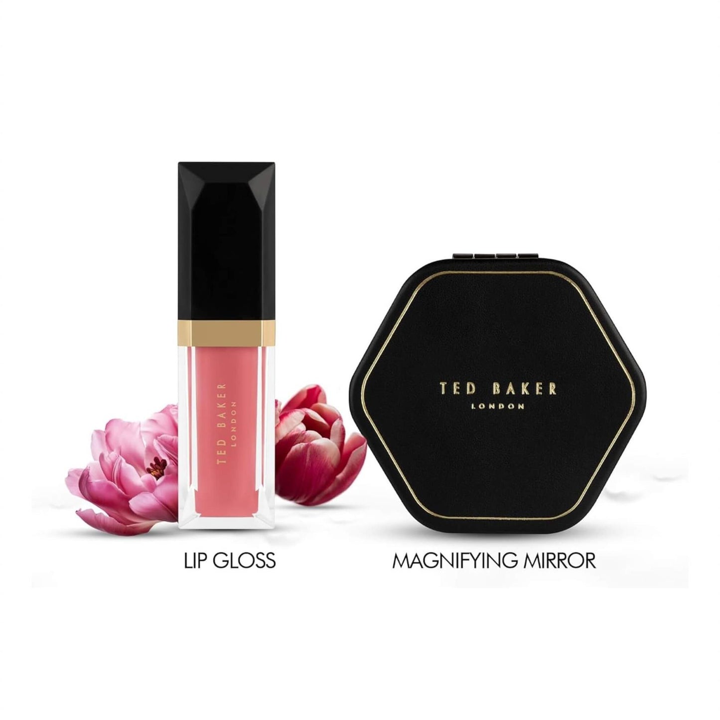 Ted Baker pink lip gloss and black magnifying compact mirror set with decorative pink floral accents
