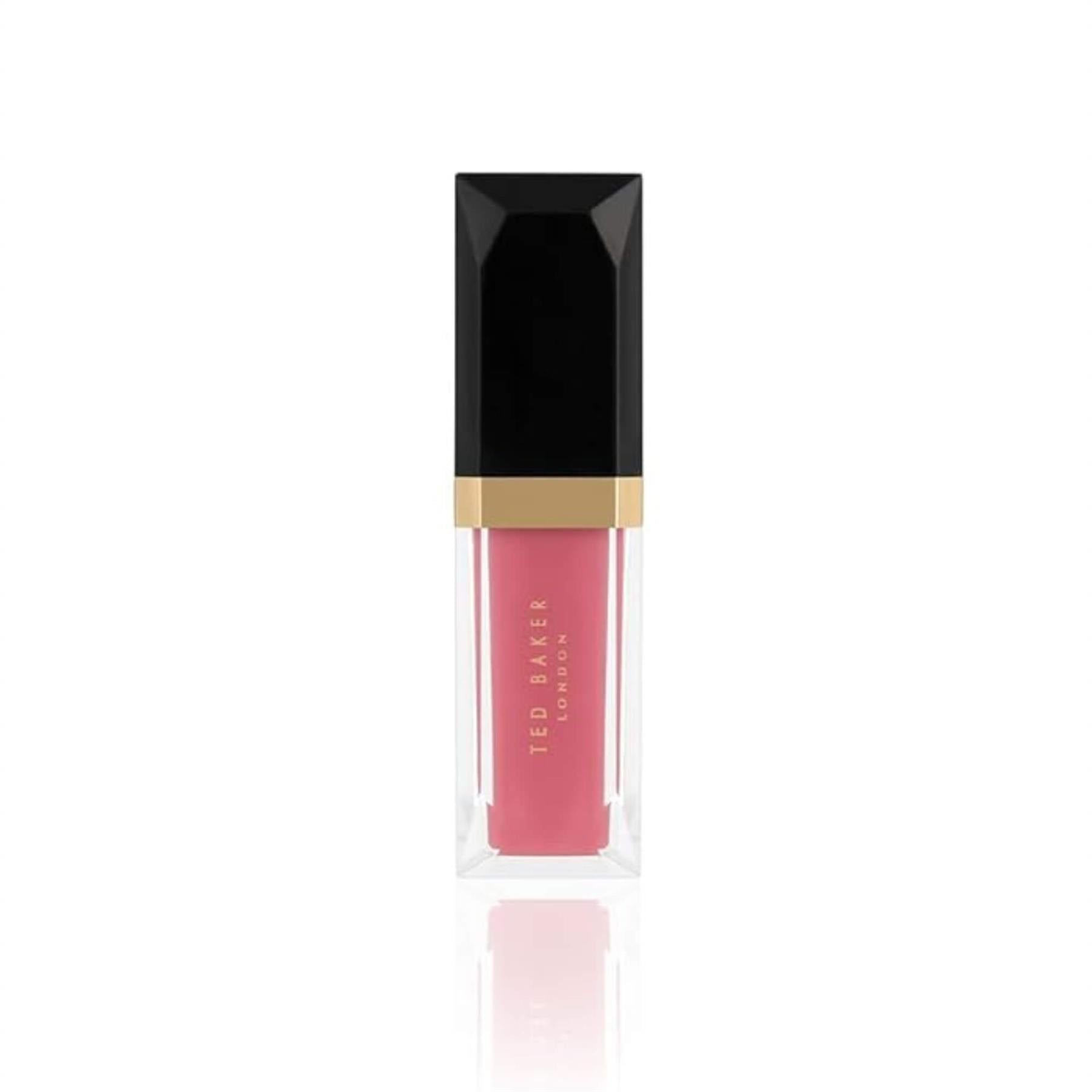 Ted Baker Ready Set Pout pink lip gloss with gold detailing and black cap on a white background