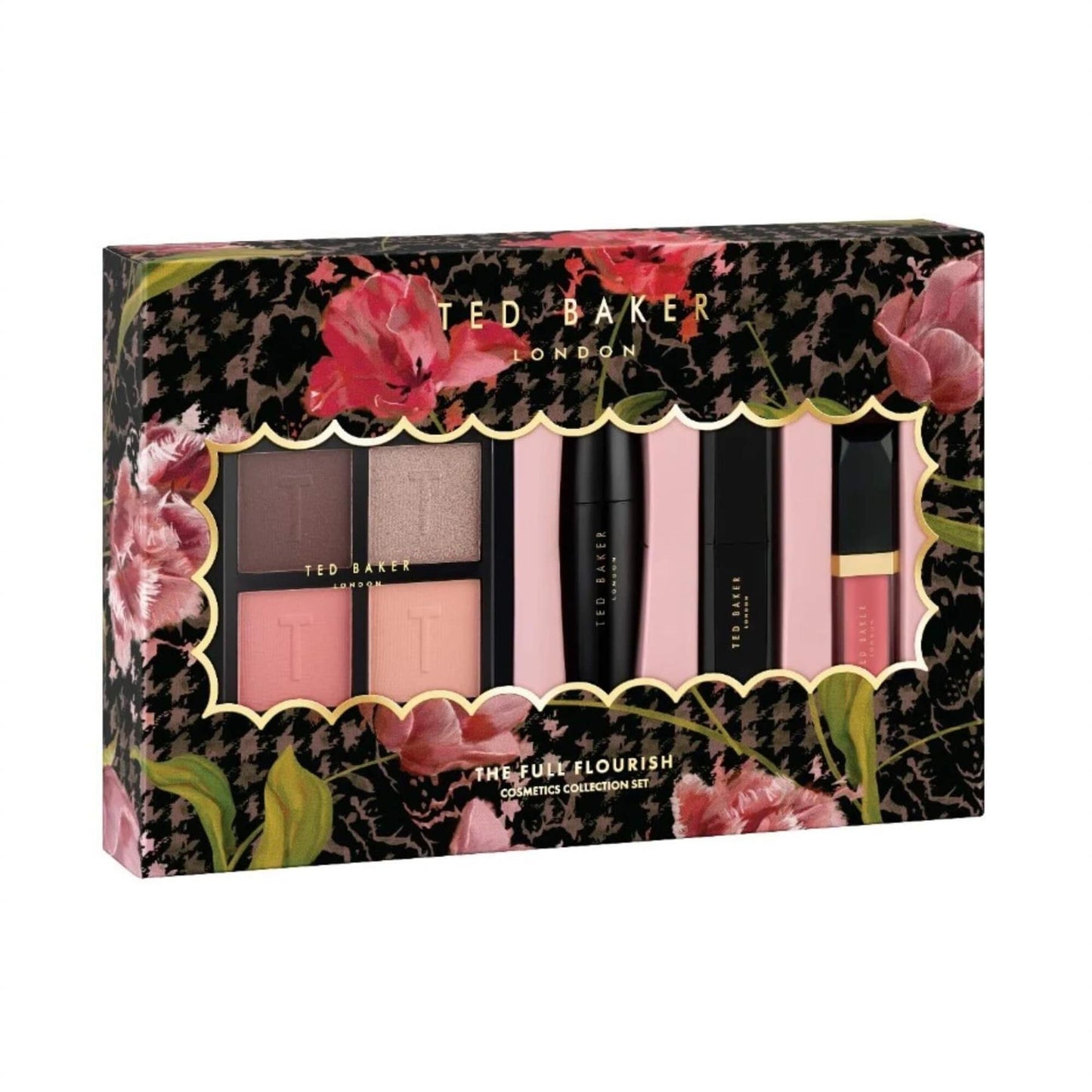 Angled view of Ted Baker The Full Flourish Cosmetics Collection set featuring a makeup palette and essentials in floral packaging