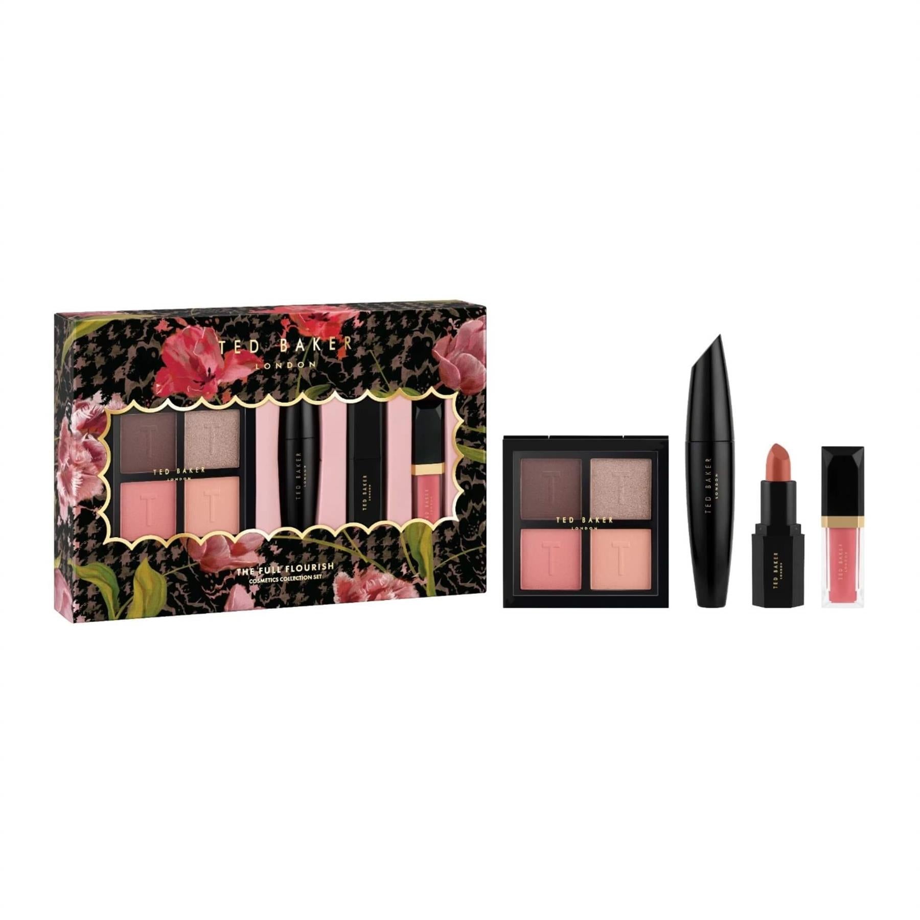 Ted Baker The Full Flourish Cosmetics Collection set with open makeup palette mascara lipstick and lip gloss on a white background