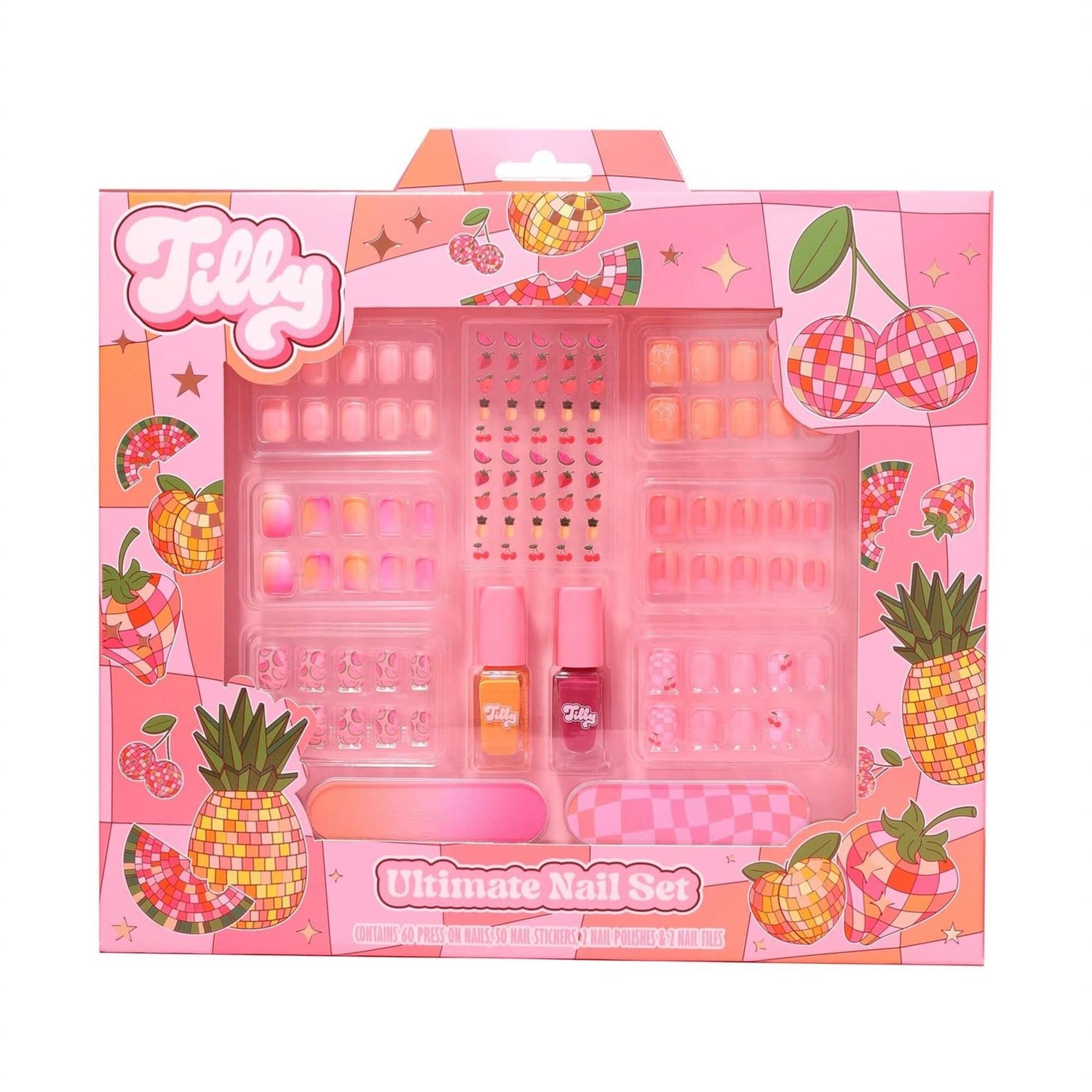 Tilly Ultimate Nail Set including press on nails nail stickers polish and files in pink fruit disco packaging
