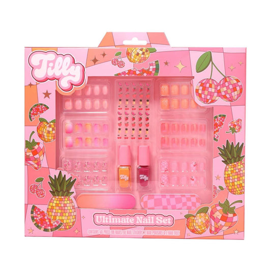 Tilly Ultimate Nail Set including press on nails nail stickers polish and files in pink fruit disco packaging