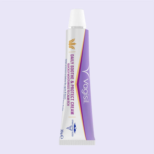 Vagisil Daily Soothe & Protect Cream 30g tube with prebiotic oatmeal to calm itch and prevent intimate skin irritation