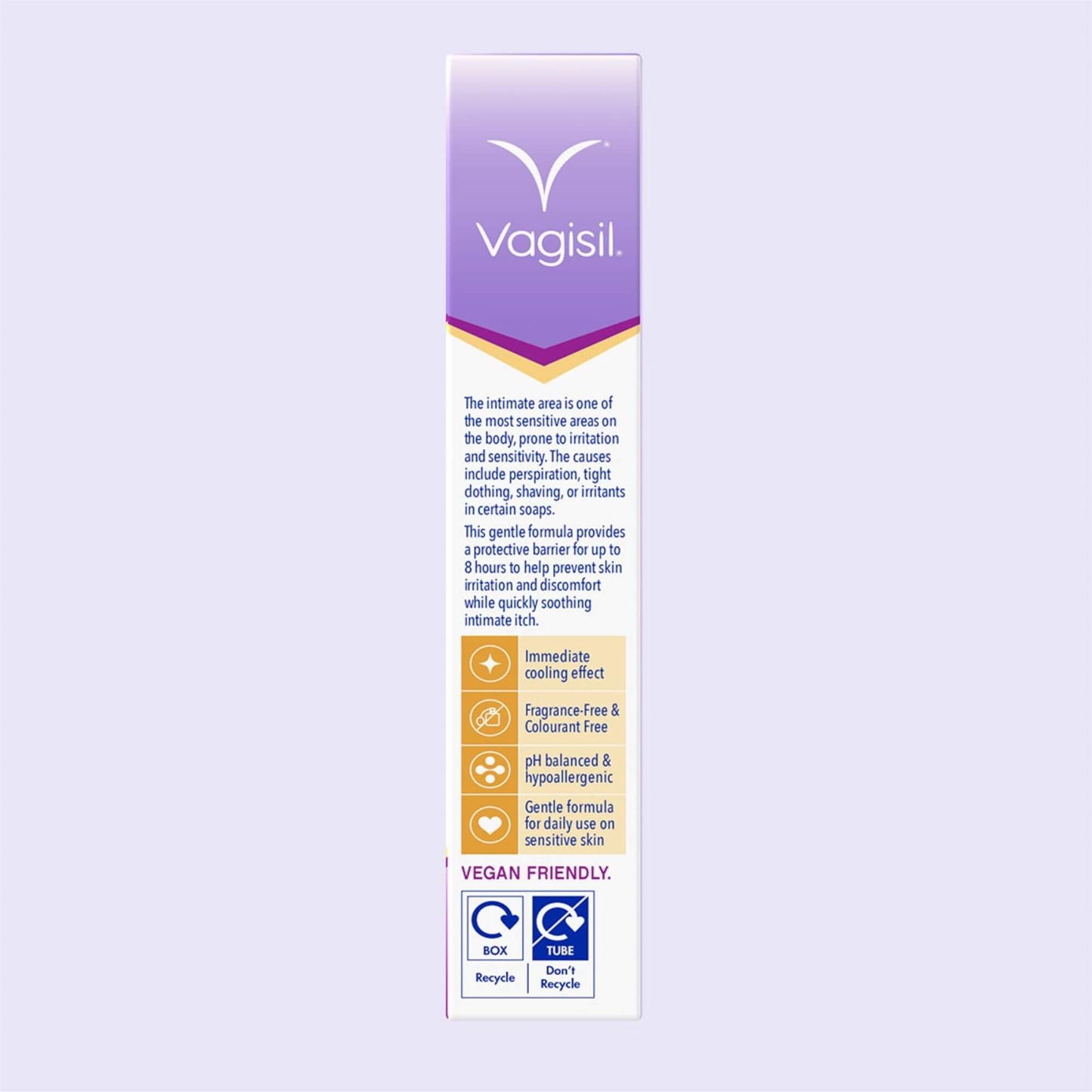 Vagisil Daily Soothe & Protect Cream graphic detailing the vegan friendly and pH balanced formula with an immediate cooling effect