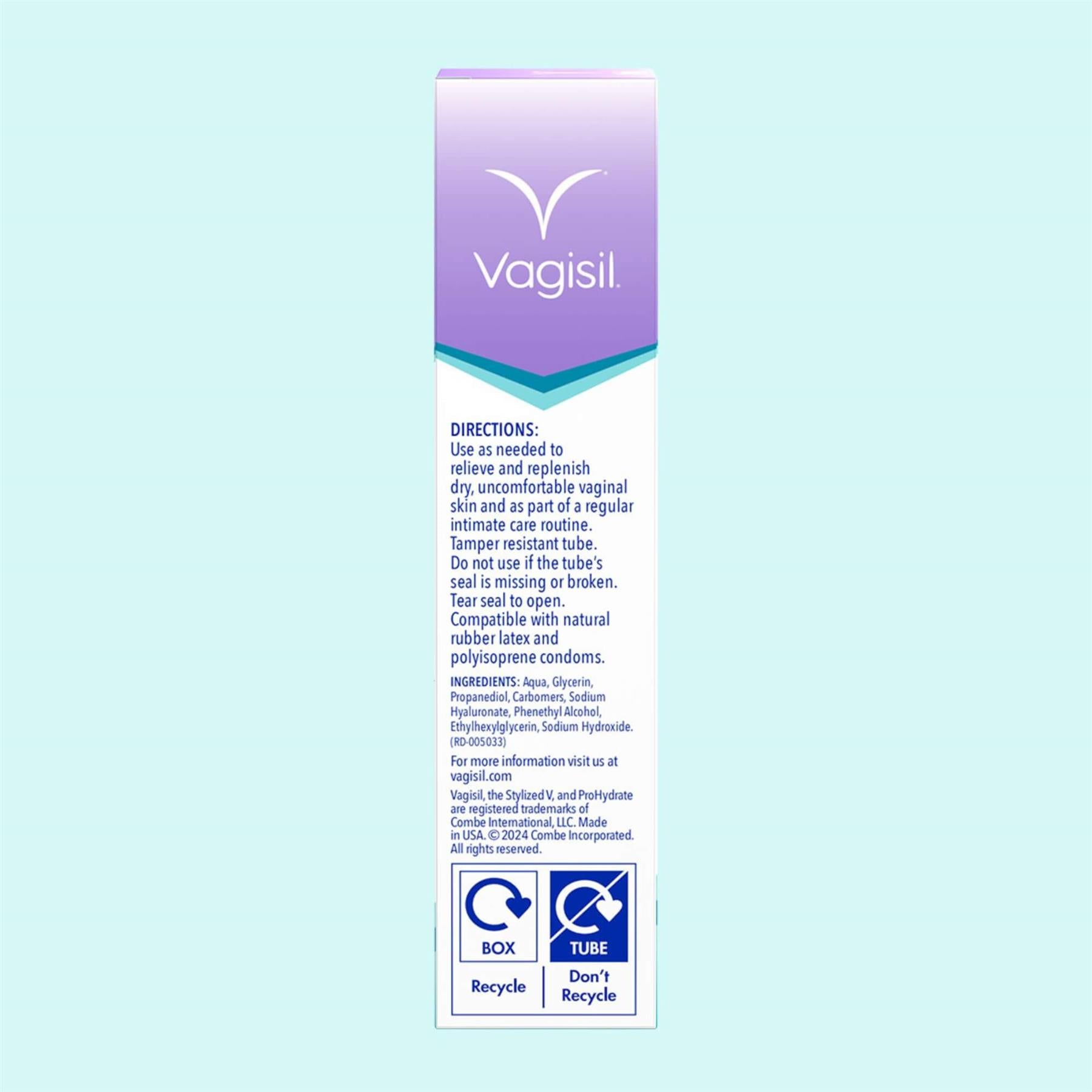 Rear view of Vagisil ProHydrate External Hydrating Gel packaging showing directions for use and ingredients list including Sodium Hyaluronate