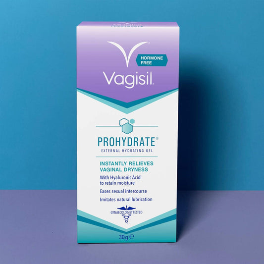 Vagisil ProHydrate External Hydrating Gel 30g pack shown on a dual-tone blue and purple background