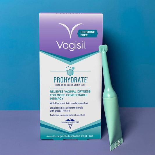 Vagisil ProHydrate Internal Hydrating Gel pack shown with a single teal pre-filled applicator for vaginal dryness relief